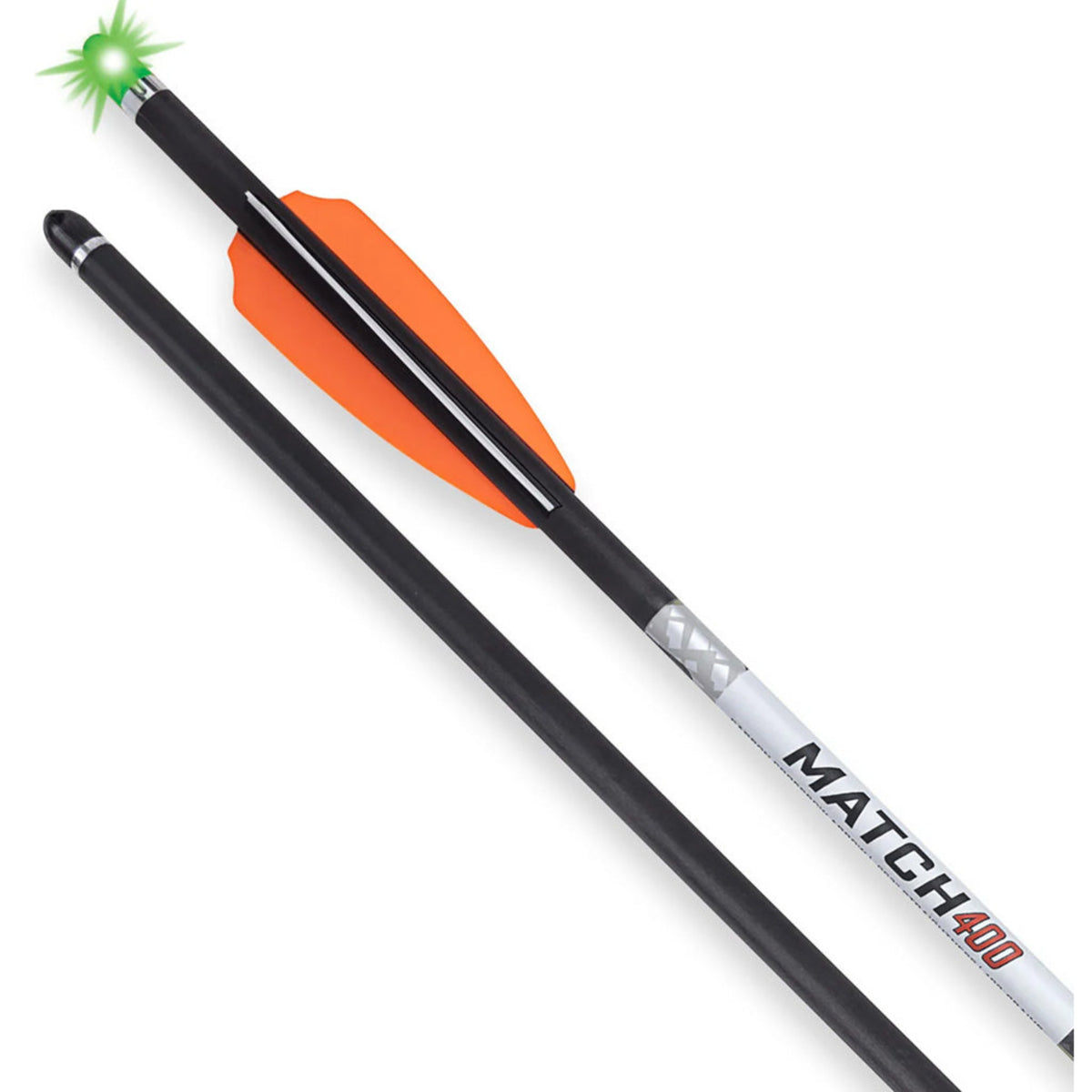 Wicked Ridge Match 400 lighted carbon crossbow bolts with green Alpha-Blaze nock and orange Q2i vanes, 2-bolt detail view