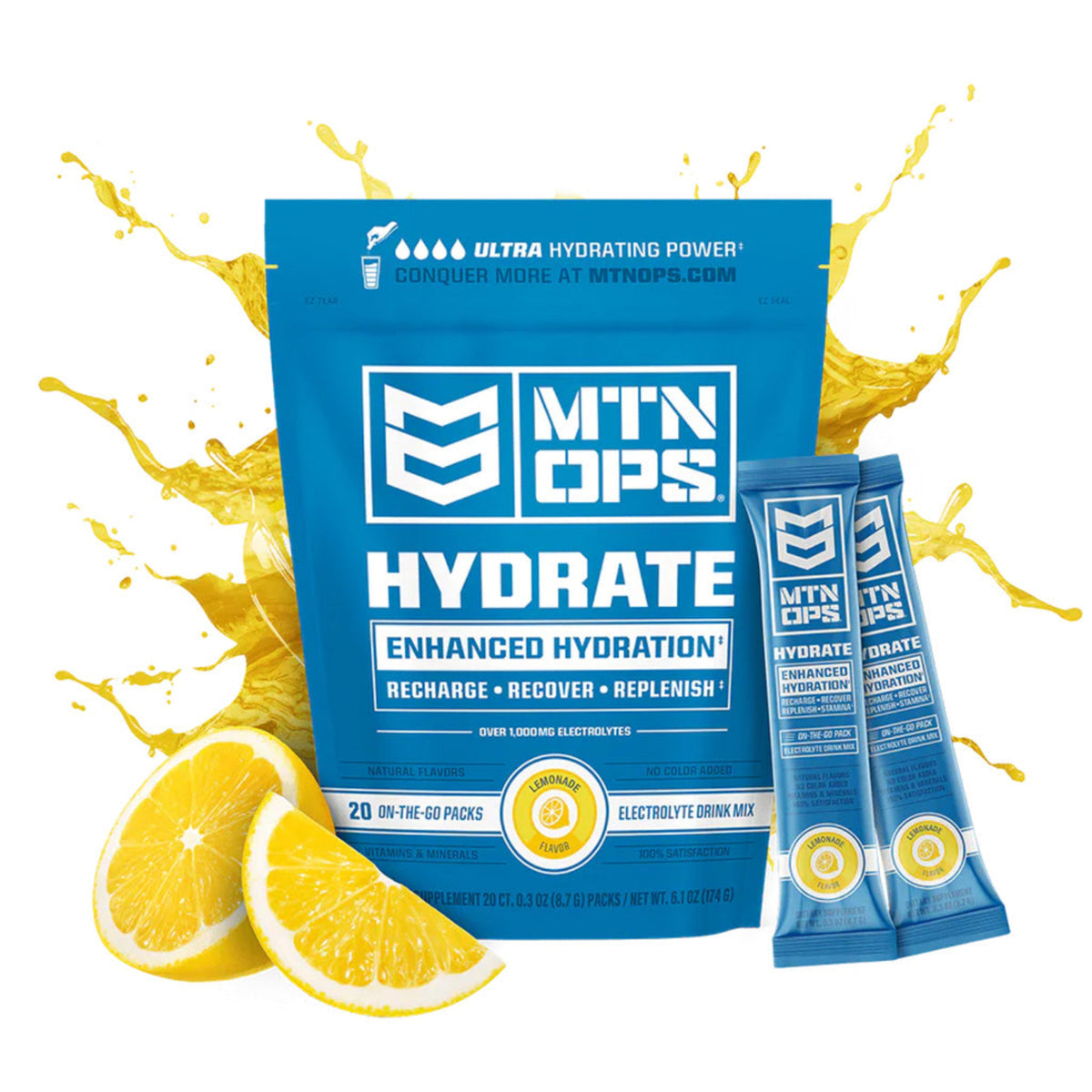 MTN OPS Hydrate Electrolyte Trail Pack – Lemonade flavor, 20-count stick packs