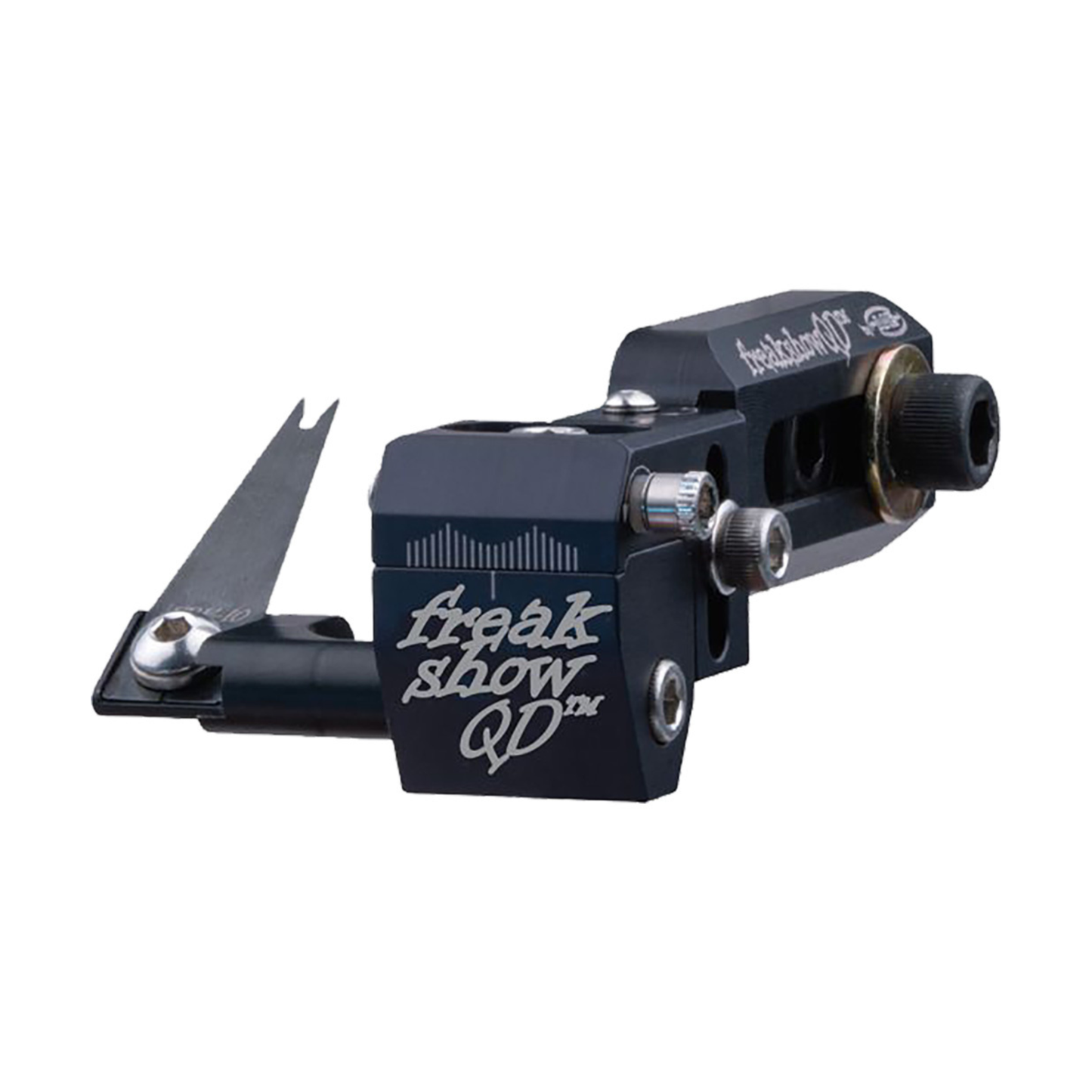 AAE Freakshow-QD arrow rest featuring the sling blade adjustable launcher arm, quick-detach mount, integrated bubble level, and precision tuning adjustments.