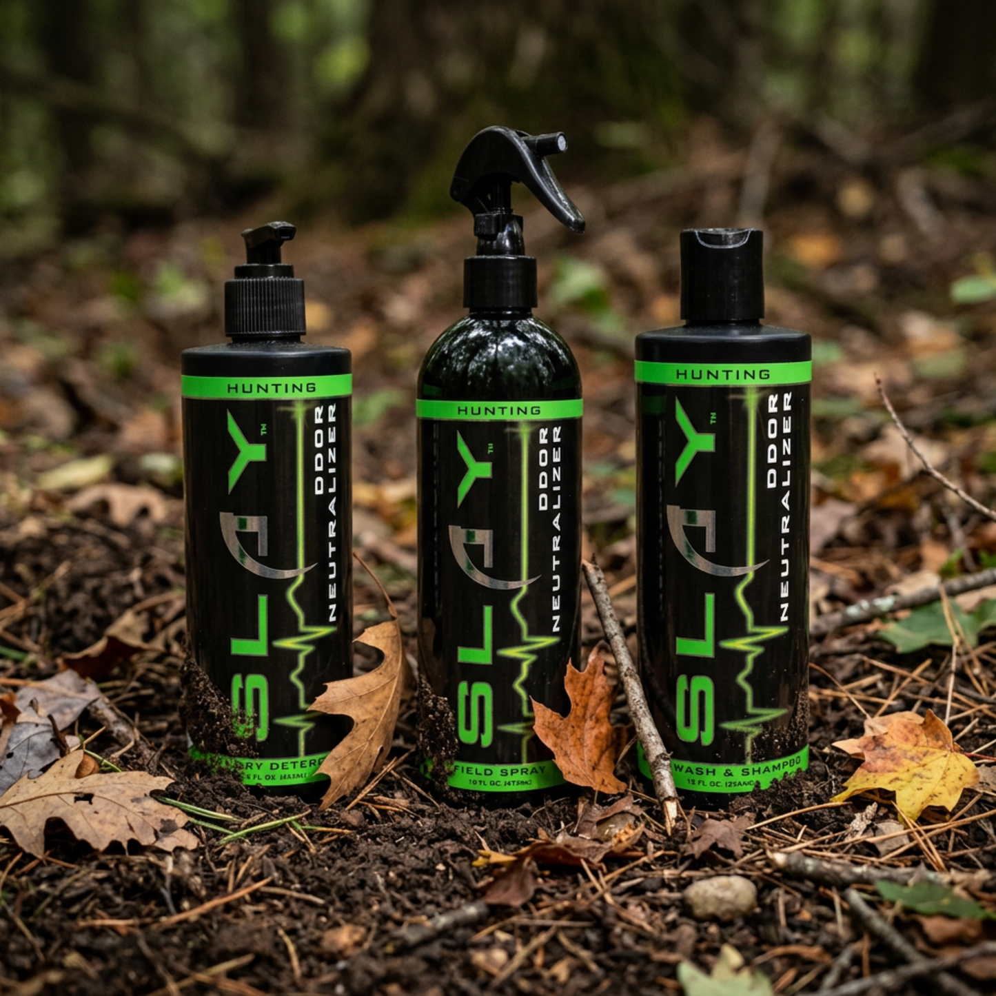 Slay Hunting odor control product lineup in the woods featuring laundry detergent, field spray, and wash and shampoo bottles for hunting apparel and outdoor gear.