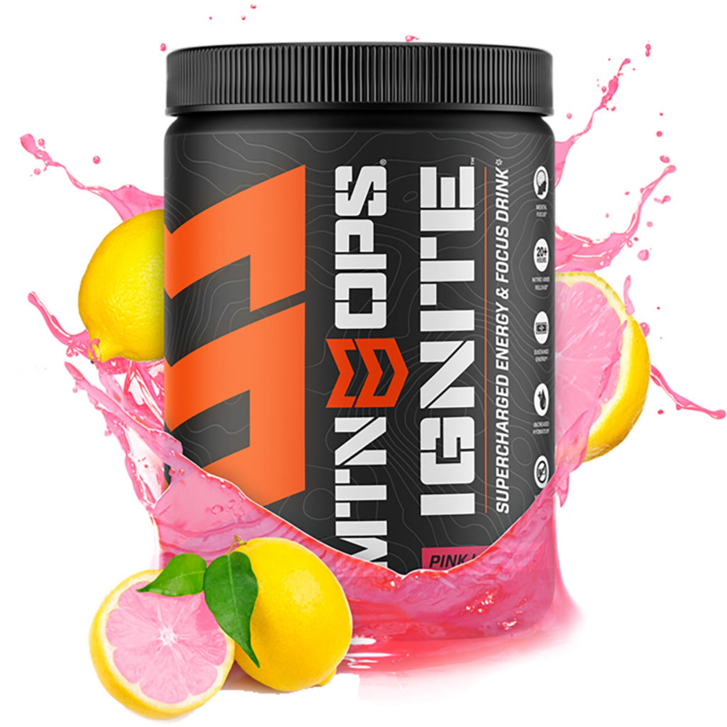 MTN OPS Ignite Energy & Focus Supplement Tub – Pink Lemonade flavor, 20.7 oz, zero sugar