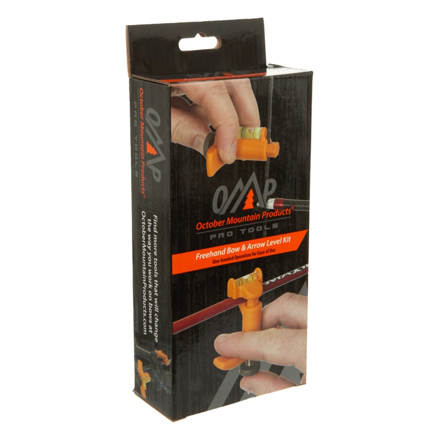 October Mountain Products Freehand Bow and Arrow Level Kit retail packaging showing bow level and arrow level in use