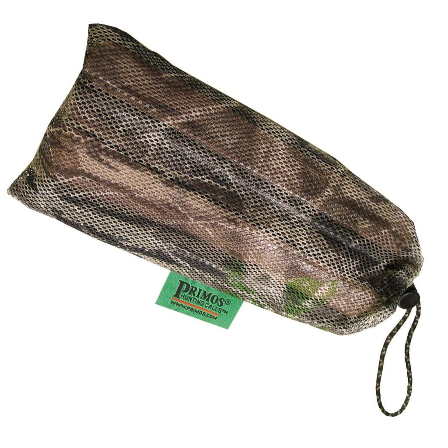 Primos Big Bucks Bag deer rattling bag in camo mesh with drawstring and Primos Hunting Calls label on white background