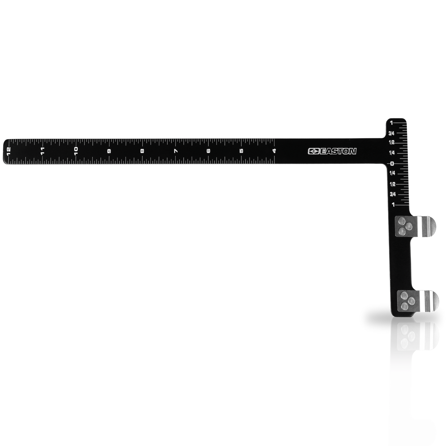 Easton Laser-Etched Precision Bow Square with anodized aluminum body, laser-etched ruler, and steel spring-clips for nock point and tiller setting