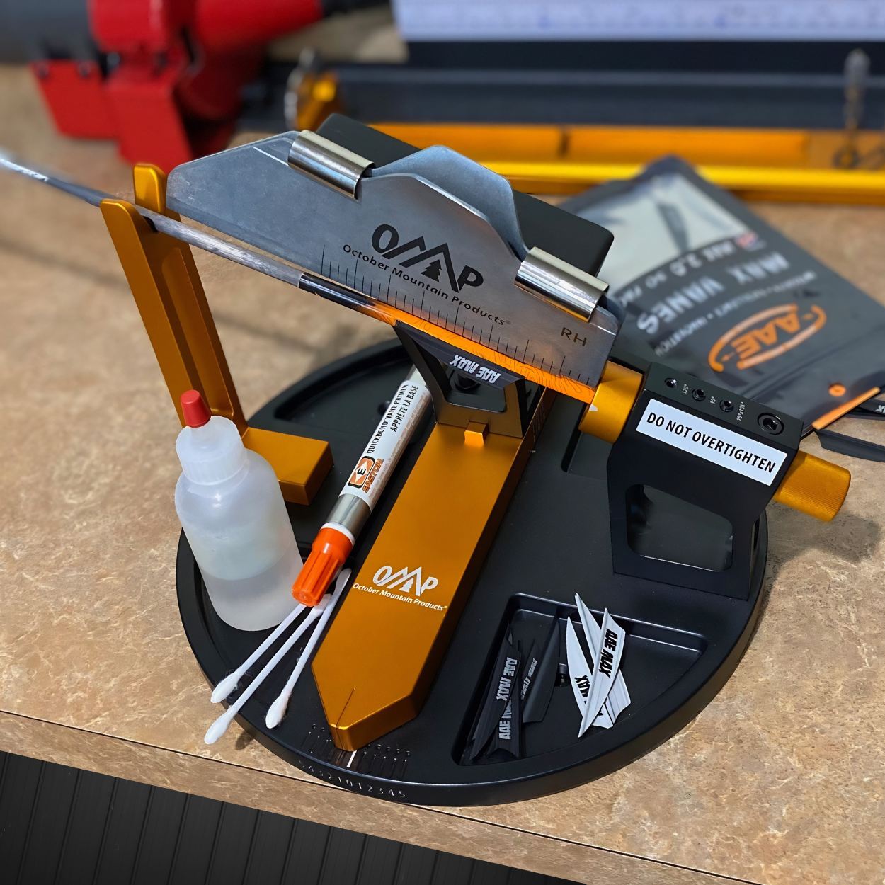 Arrow fletching tool and supplies from October Mountain Products, AAE, and Easton for custom arrow builds