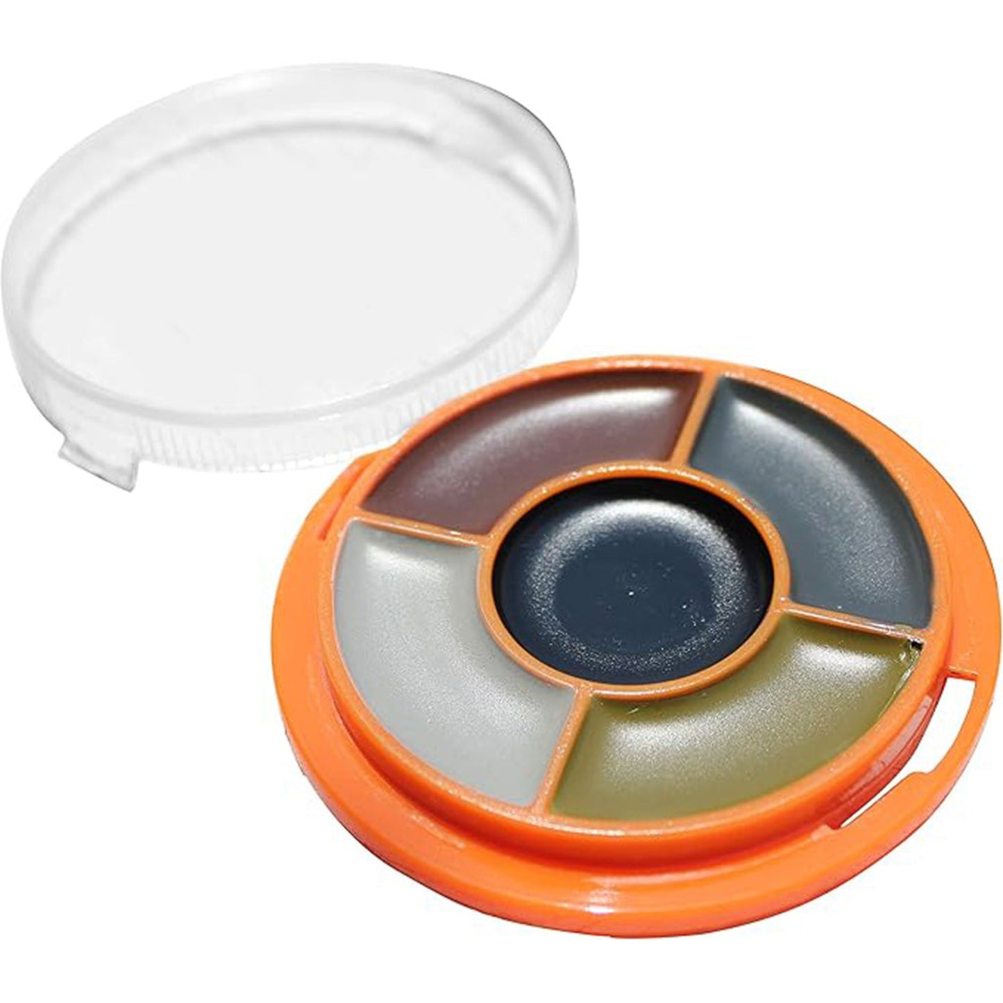 Dead Down Wind Camo Wheel 5-color face paint compact open, showing black, brown, light gray, dark gray, and green shades in orange case