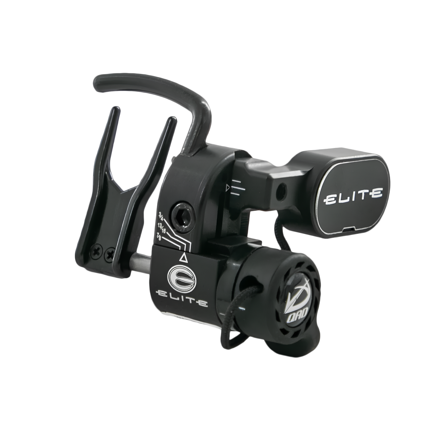Elite QAD HDX arrow rest in black with custom mounting arm, total arrow containment, and ultra-fast drop-away for Elite compound bows.