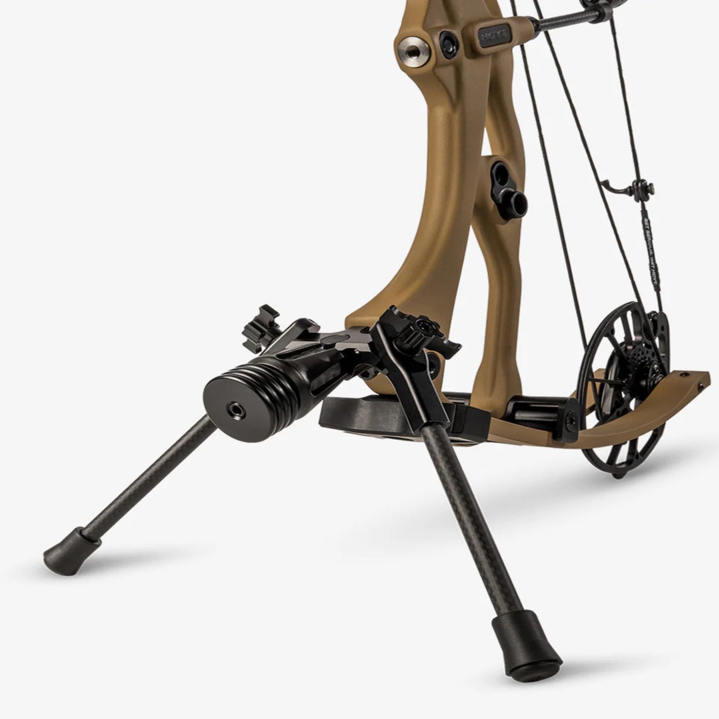 Hoyt Carbon Go-Stix 2.0 bow stand attached to Hoyt compound bow in Go position