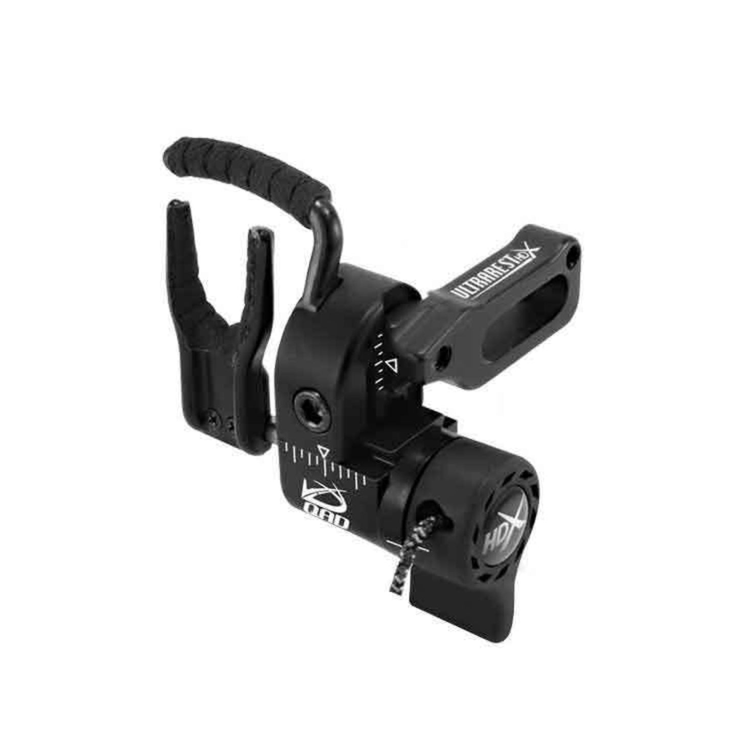 Black QAD ULTRAREST HDX Arrow Rest designed for total arrow containment with a curved capture bar and launcher arm.