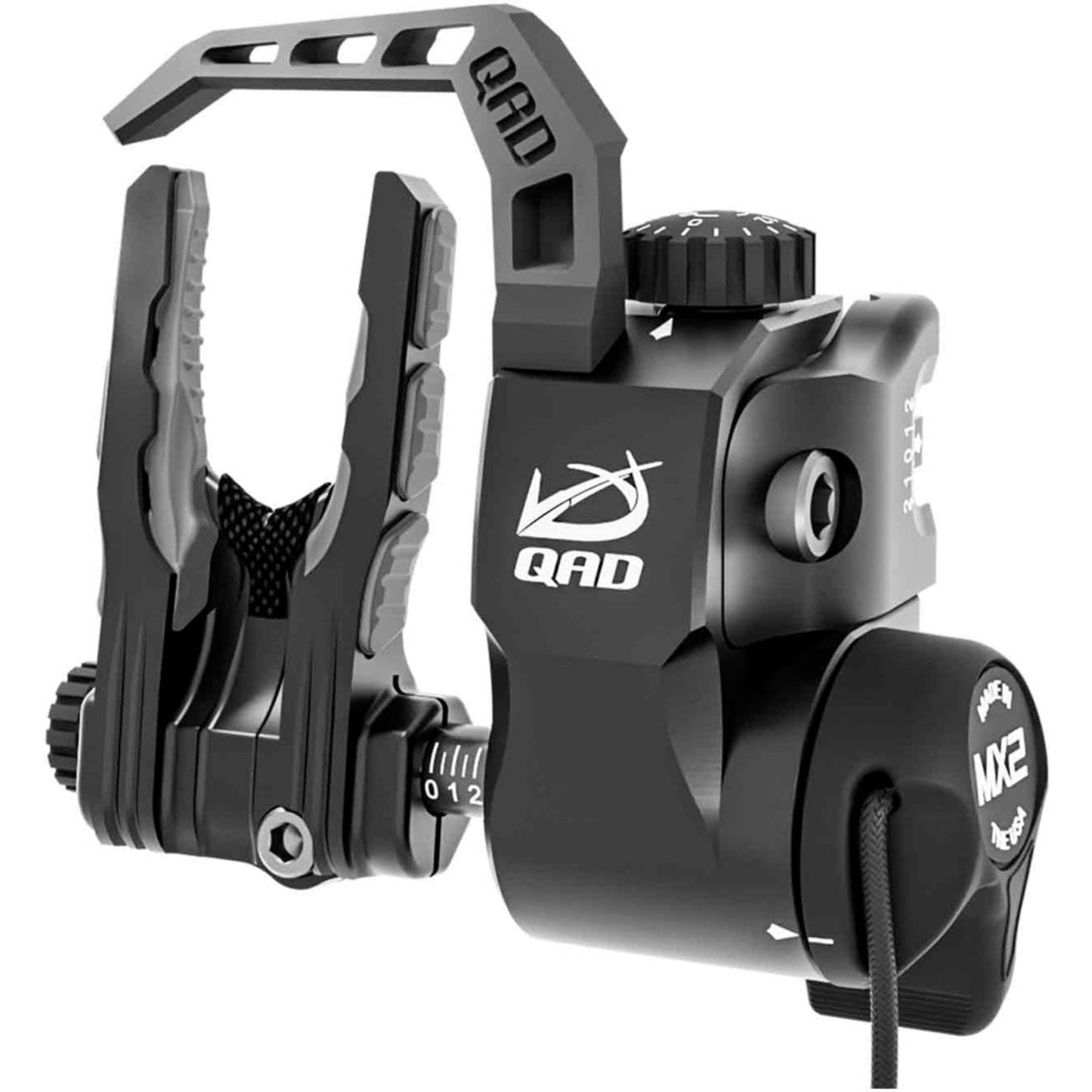 Black QAD ULTRAREST Integrate MX2 Arrow Rest with micro-adjustments and drop-away mechanism.