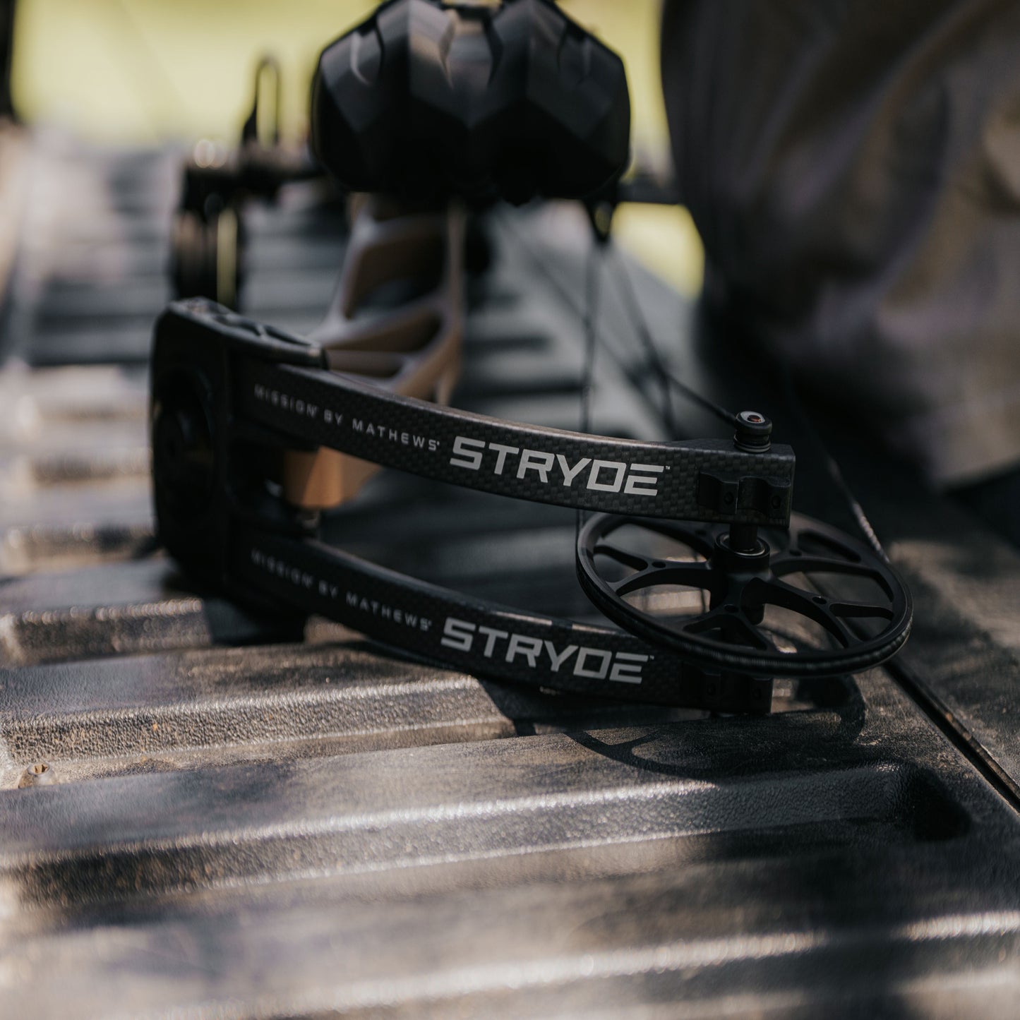 Mission Archery Stryde solocam compound bow on a truck tailgate