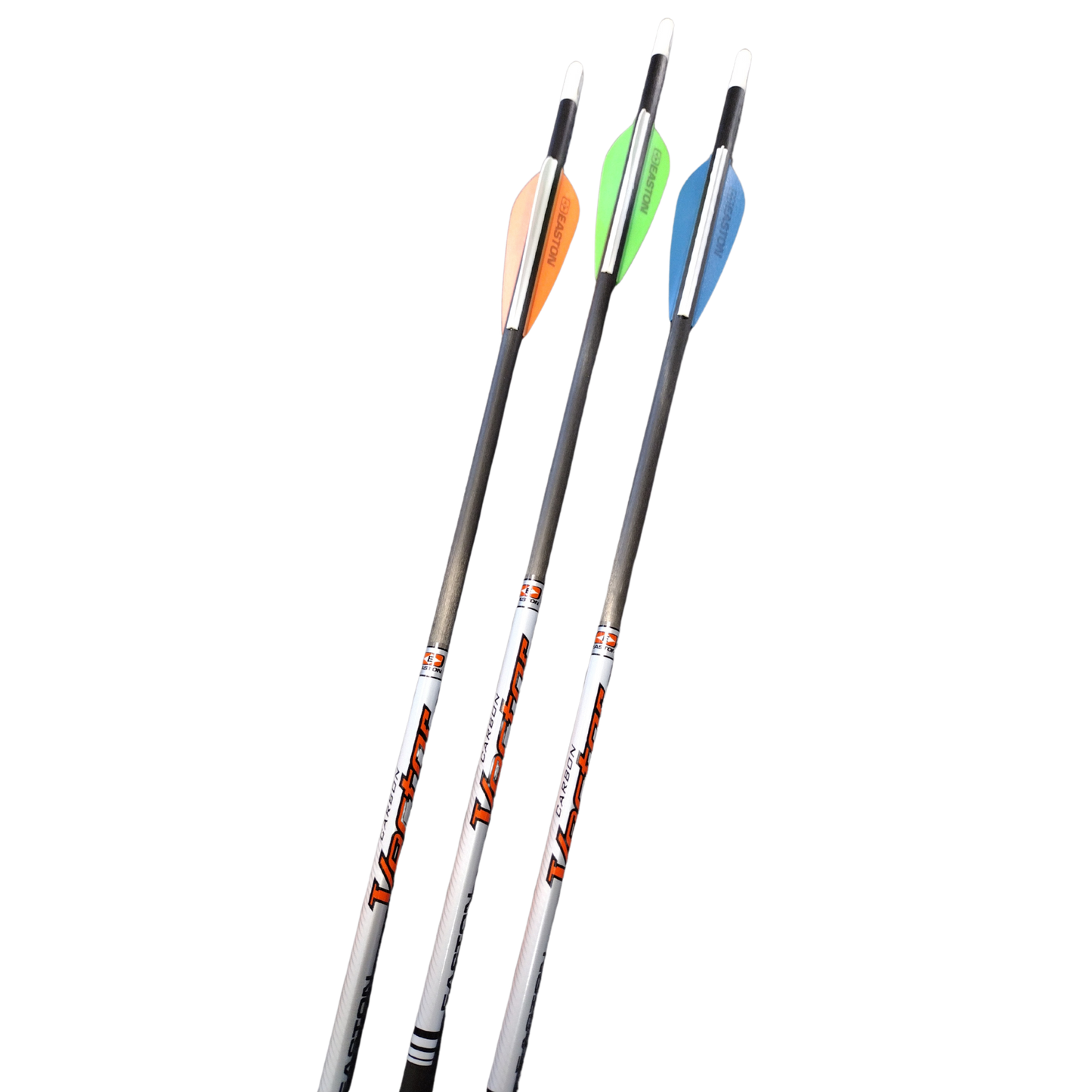 Easton Vector carbon target arrows in orange, green, and blue – multi-layer wrapped carbon fiber with 2.3" parabolic vanes, 31" stock length