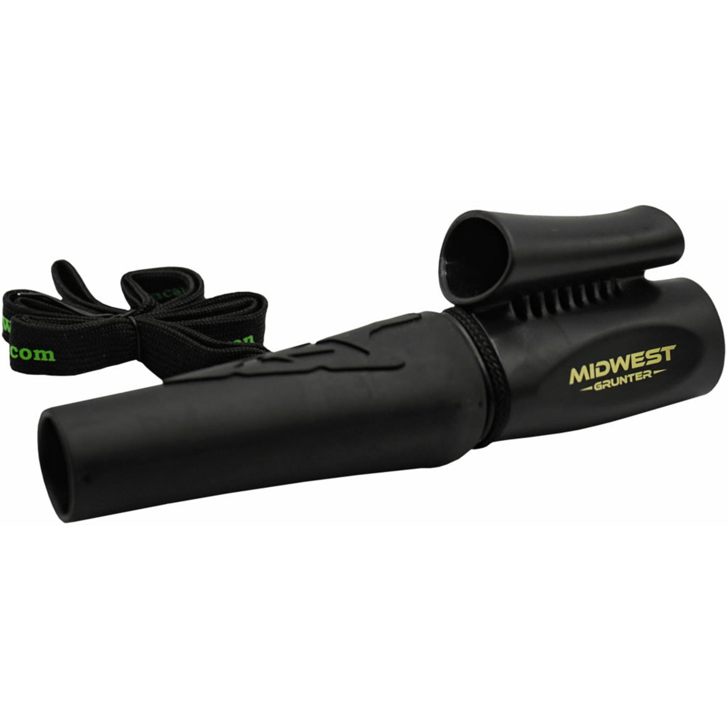 Woodhaven Midwest Grunter deer call with soft black body, dual-tube design, and neck lanyard on white background