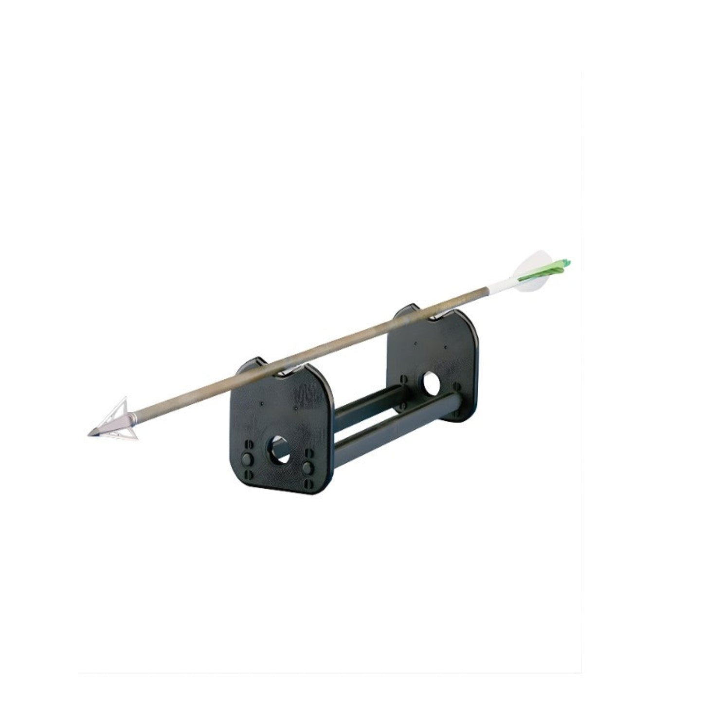 Pine Ridge Archery Arrow Inspector with broadhead-tipped arrow resting on steel axle wheels for straightness testing