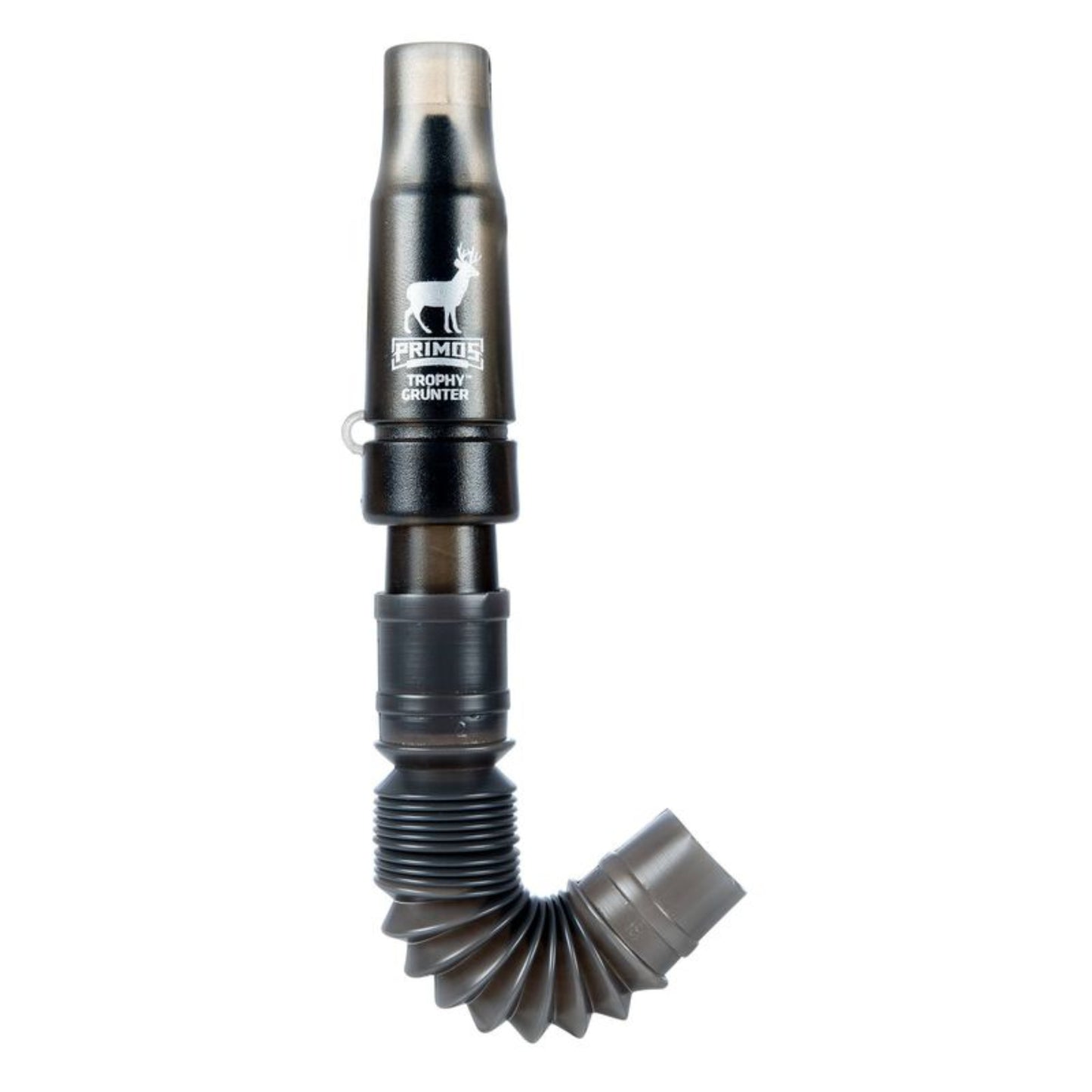 Primos Trophy Grunter deer call with extendible flexible hose and mouthpiece on white background