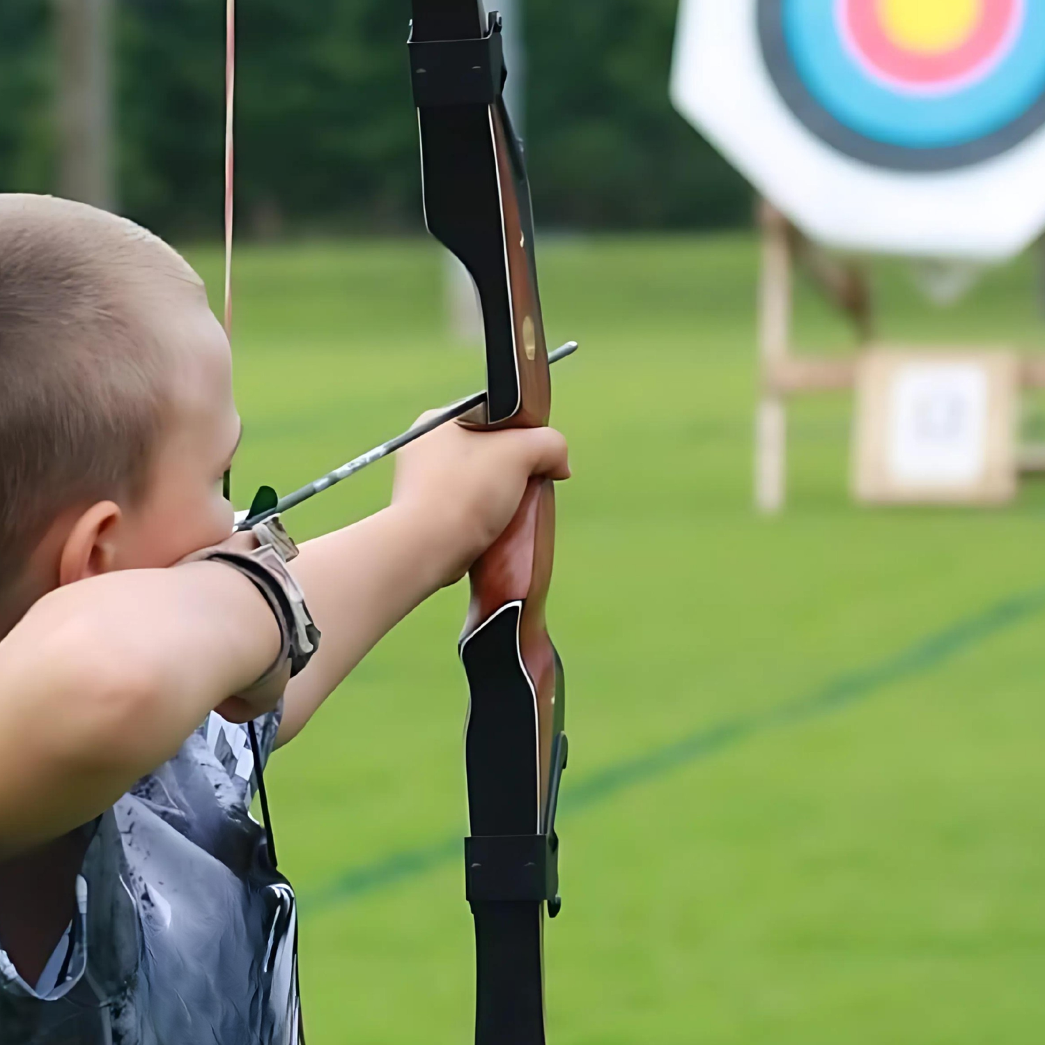 Traditional bow archer at full draw aiming downrange during an archery competition