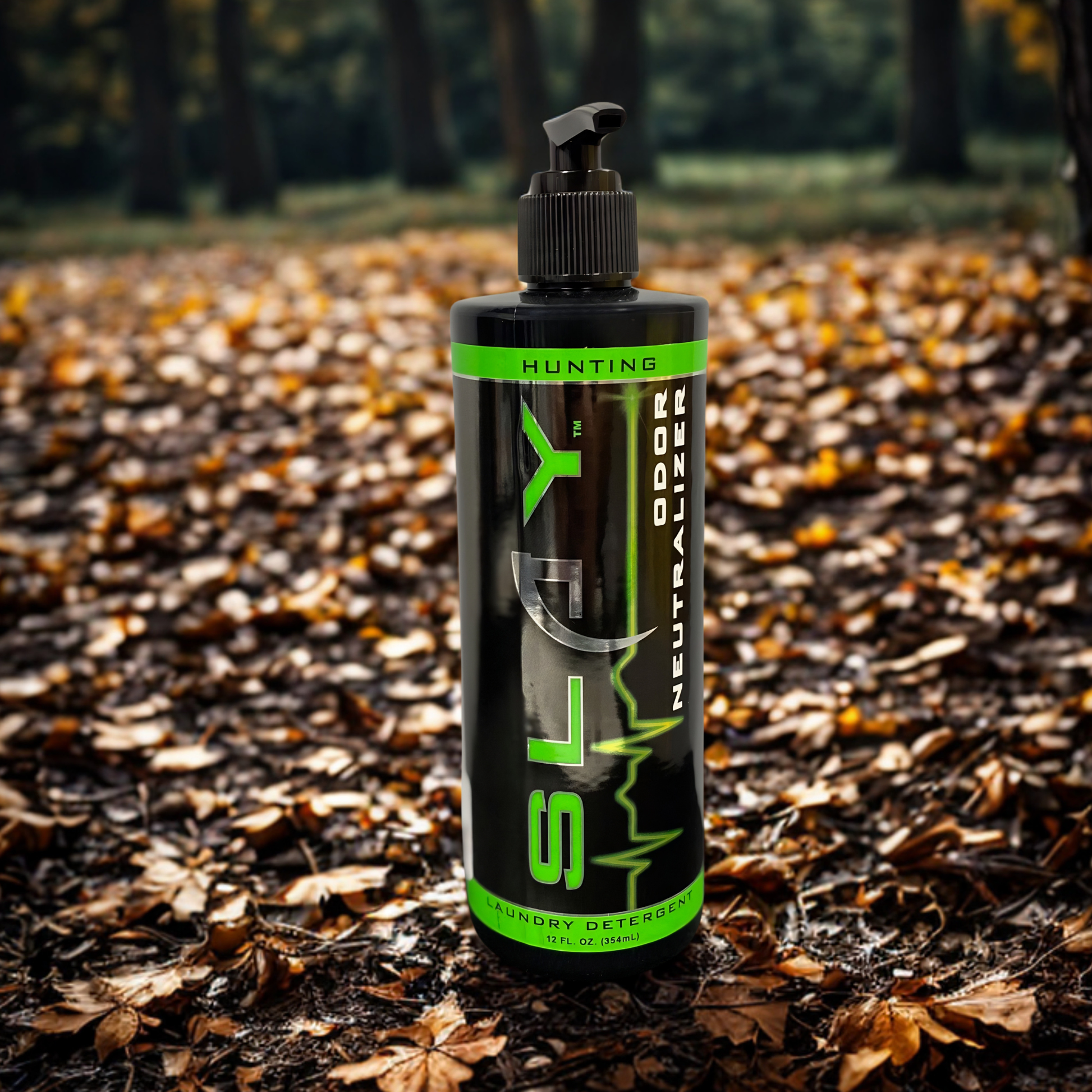 Slay Odor Neutralizing Laundry Detergent Bottle sitting in the Woods  used for Hunting. 