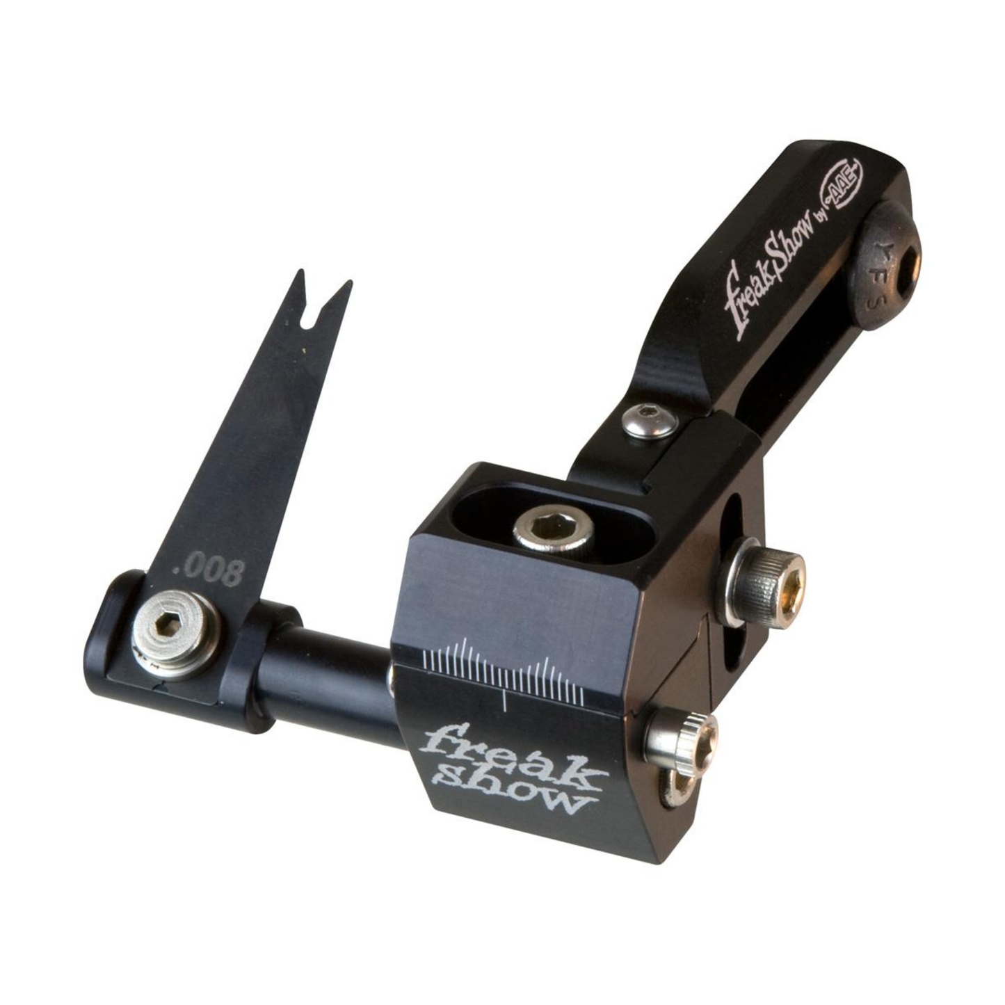 AAE Freakshow arrow rest for target archery with adjustable launcher blade system, precision micro-adjustments, and laser-etched tuning marks