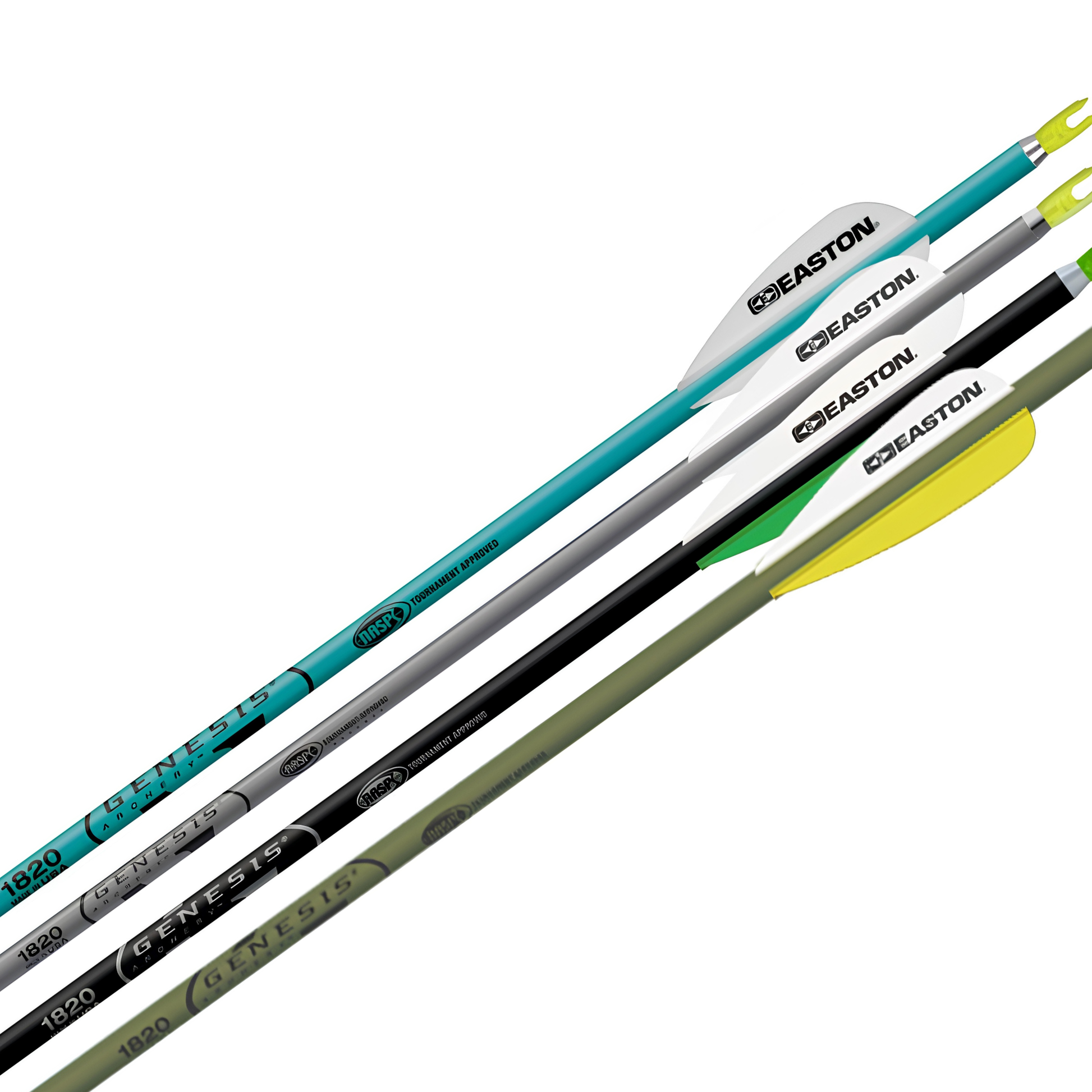 Easton Genesis 1820 Arrows in Teal, Silver, Black, and Olive Green – NASP tournament-approved aluminum arrows sold individually with pre-installed nock and target point