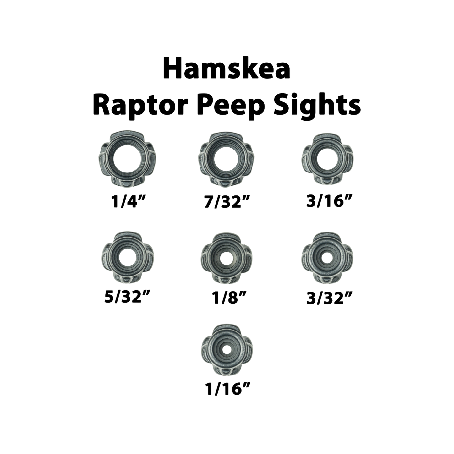 Hamskea Raptor Peep Sight size chart showing 1/8, 5/32, 3/16, and 1/4 inch aperture options
