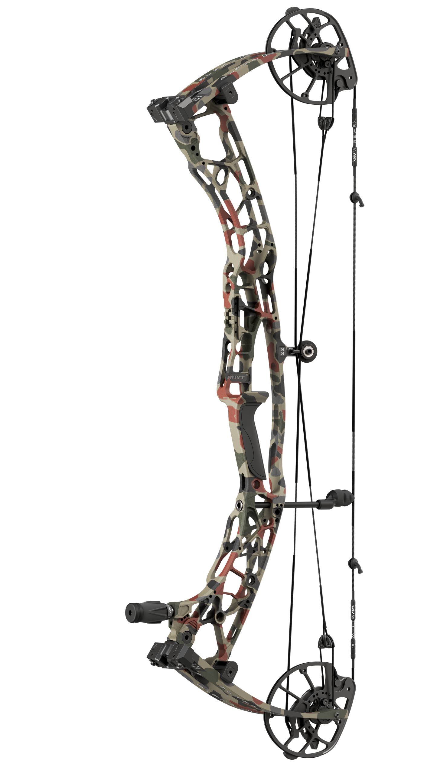 Hoyt AX-3 33 compound bow in Duck Camo finish with waterfowl-inspired camouflage pattern, durable hunting design, and smooth shooting performance.