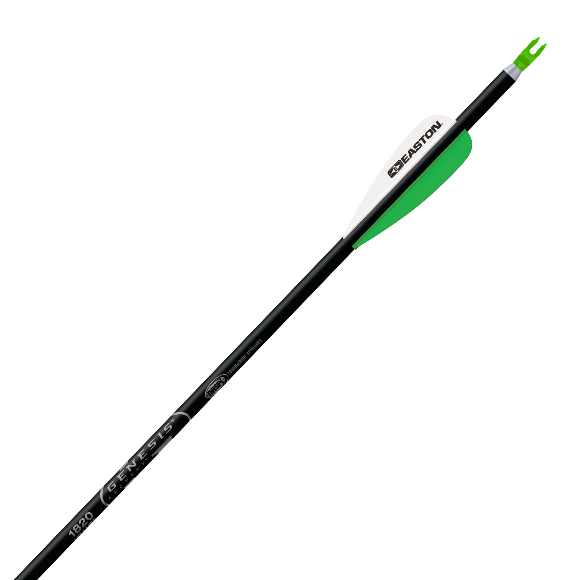 Easton Genesis 1820 Arrow in Black – Single NASP-approved aluminum arrow with green nock and Easton vanes for school and youth archery programs