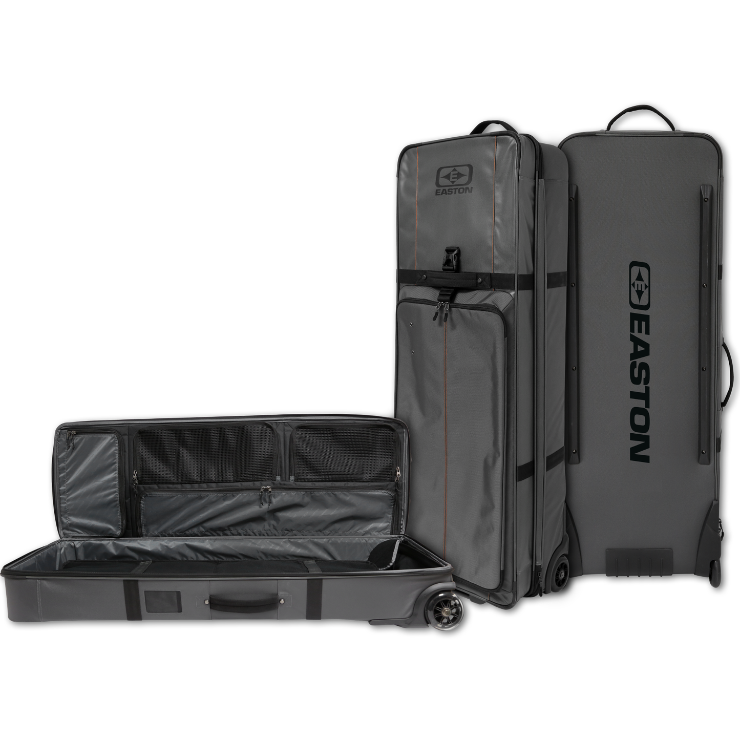 Bowtruk Gen 2 travel bow case composite view showing open interior, side profile, and back