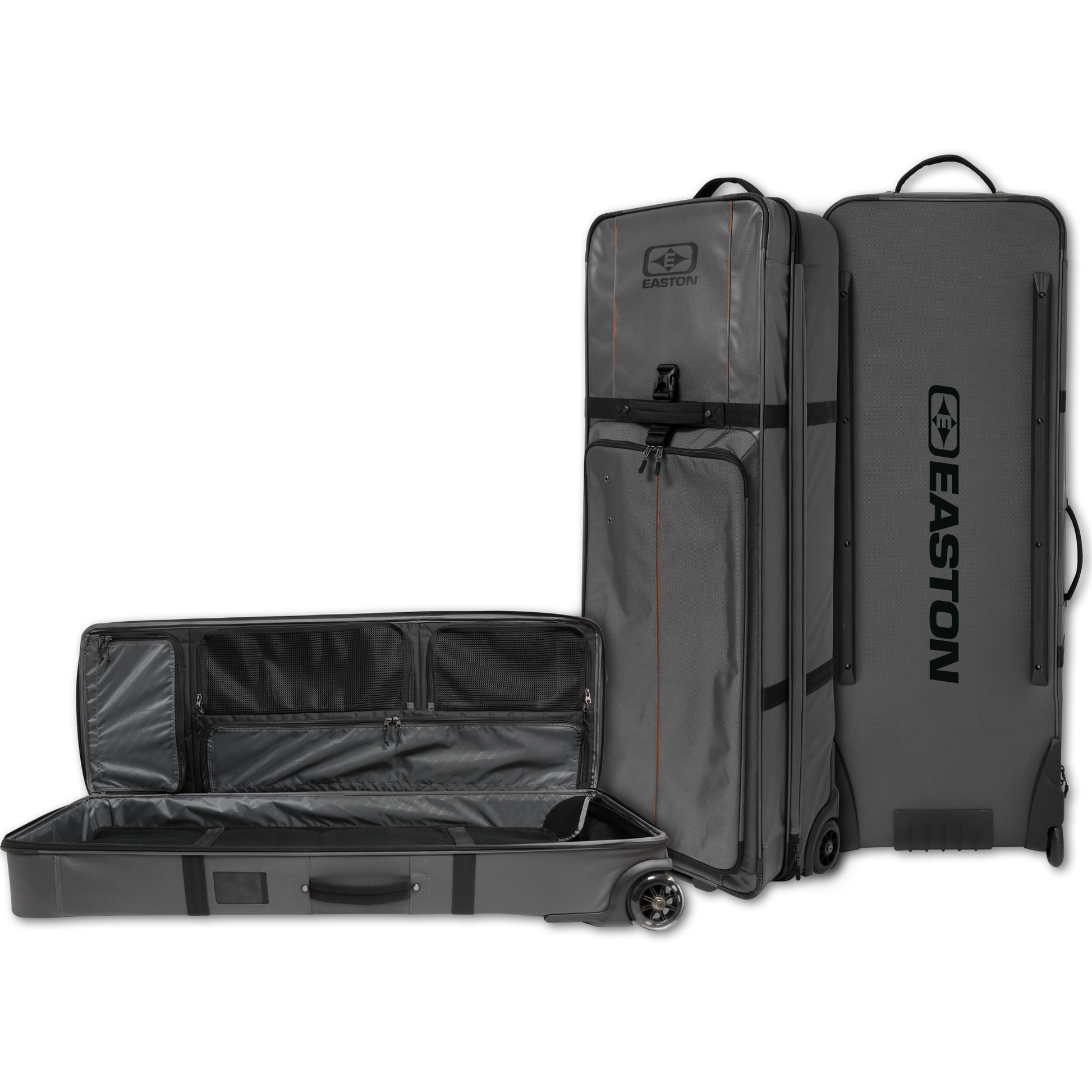 Bowtruk Gen 2 travel bow case composite view showing open interior, side profile, and back