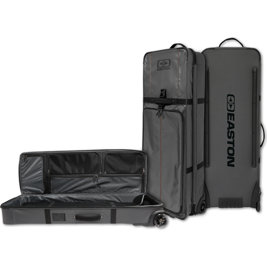 Bowtruk Gen 2 travel bow case composite view showing open interior, side profile, and back