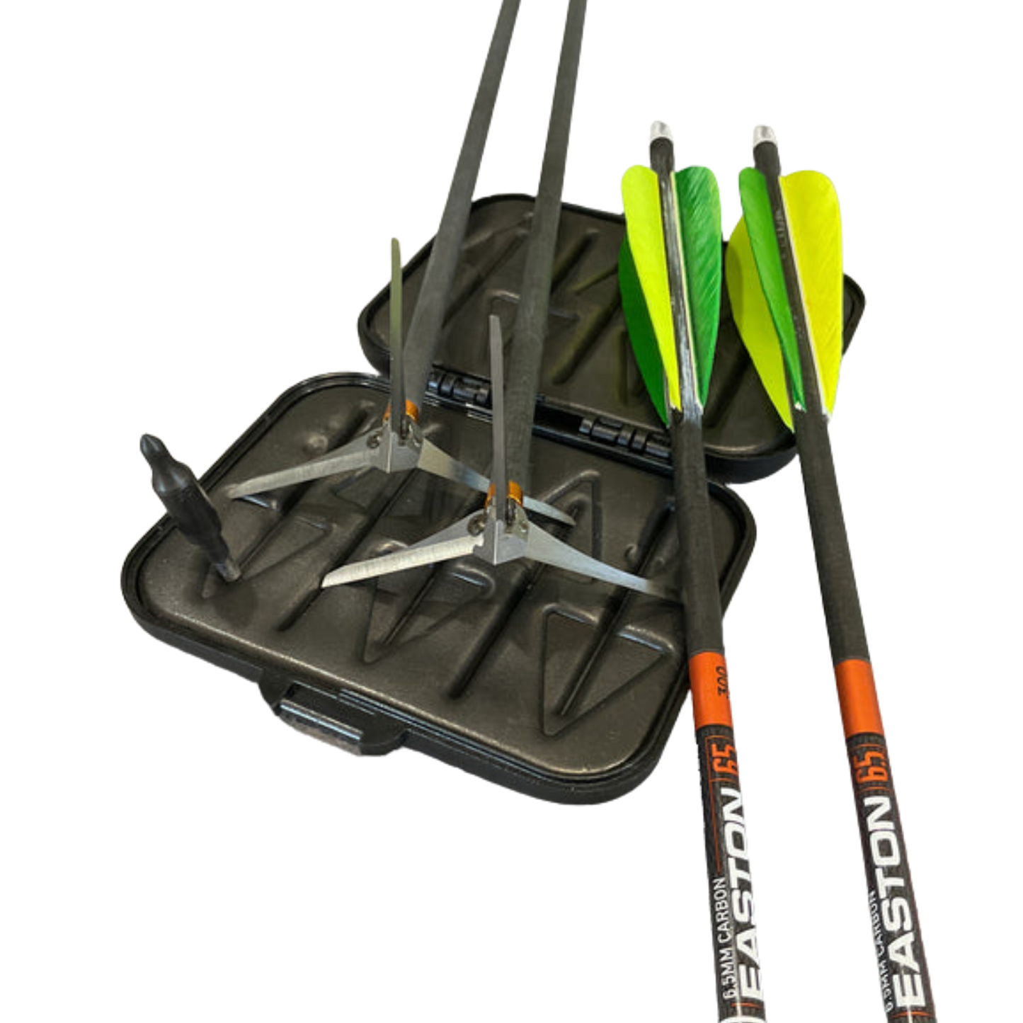 Fether Archery Turkey Arrow Kit with two Easton 6.5 300-spine feather fletched arrows, two Slick Trick D-Cap turkey broadheads, and a 200gr field point