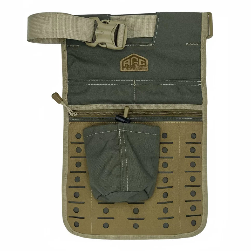 Alaska Guide Creations Field Quiver front view, ambidextrous hip quiver with laser-cut panel and zippered pocket, made in the USA