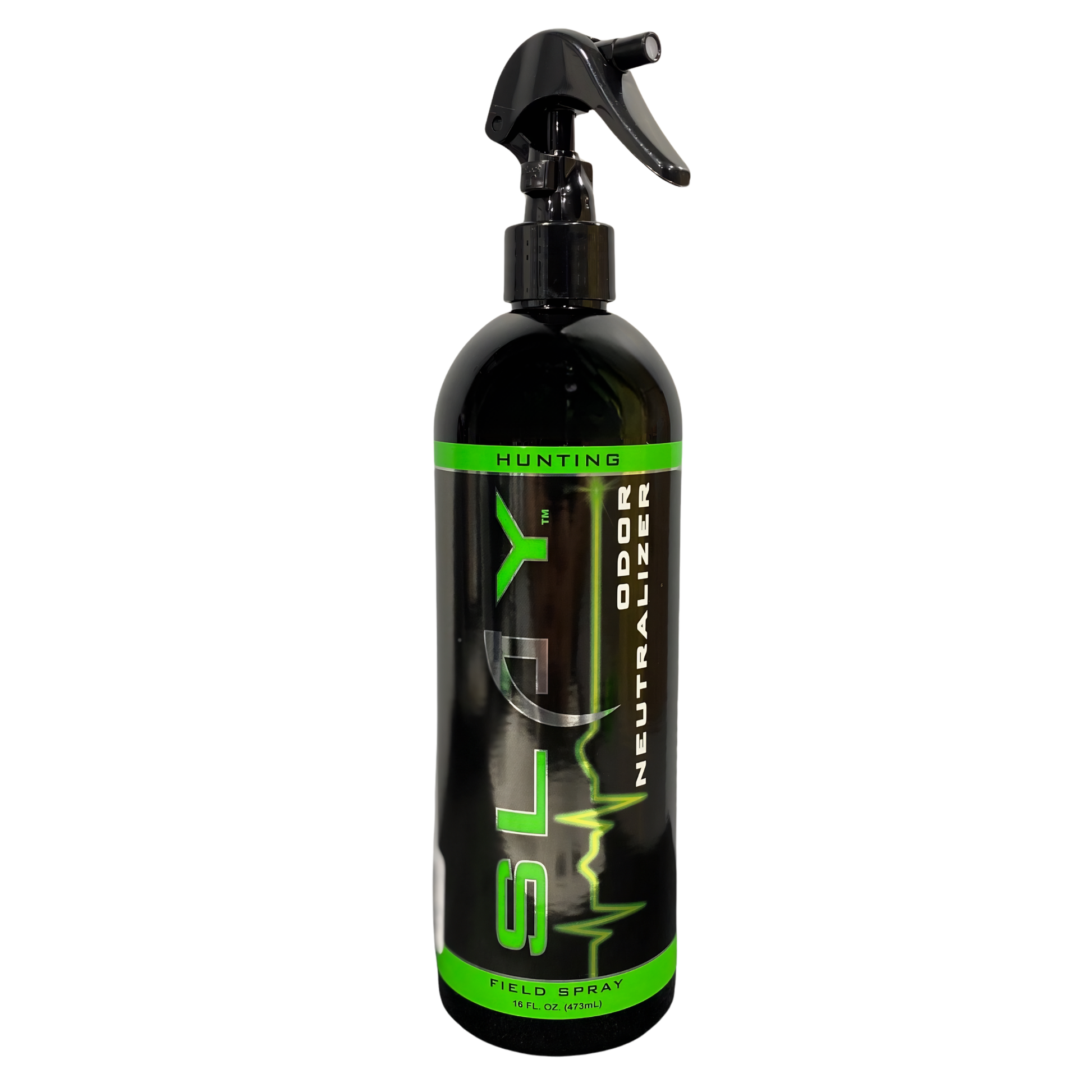 Slay Hunting Field Spray odor neutralizer bottle with trigger sprayer, black and neon green label, 16 oz enzymatic hunting deodorizer for clothing and gear.