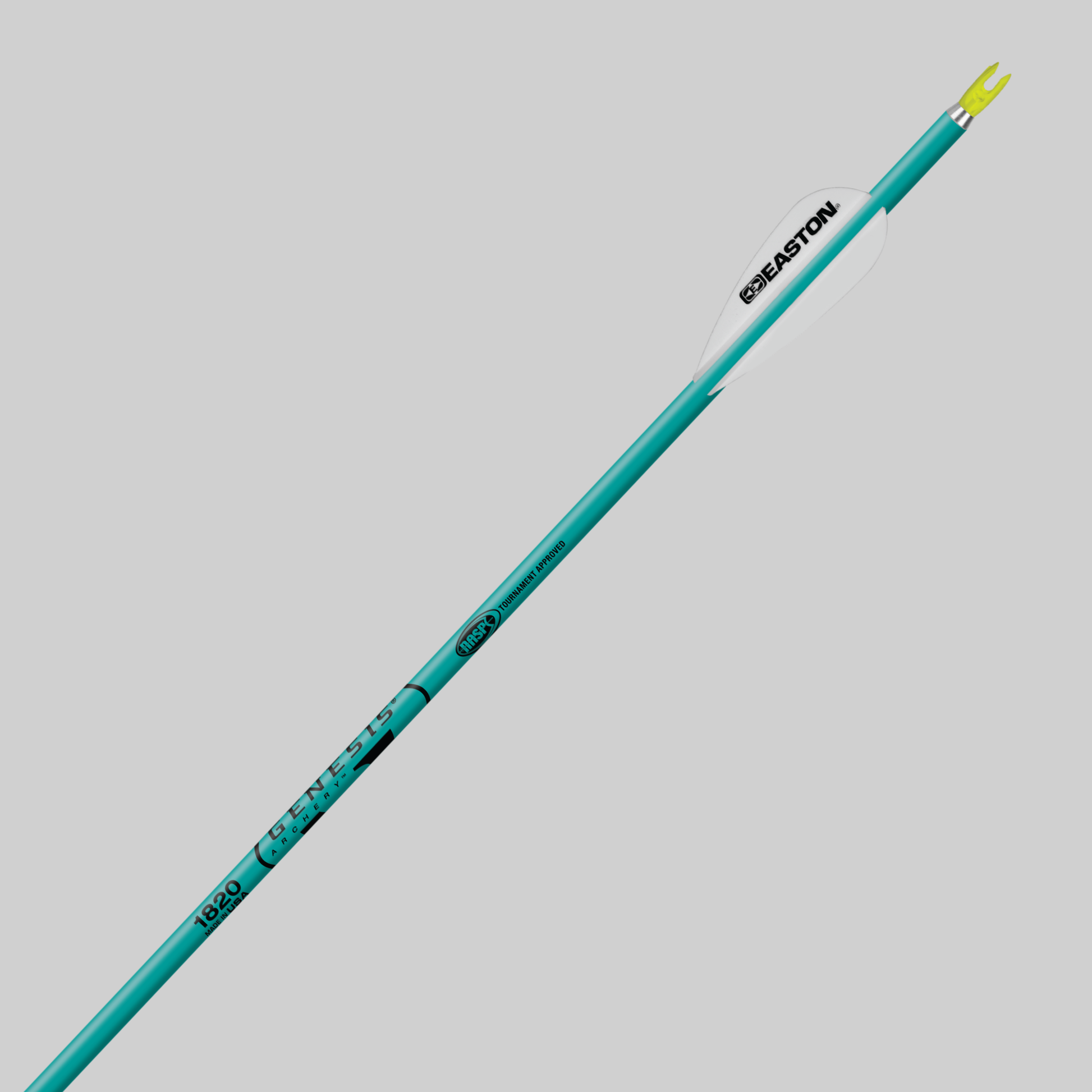 Easton Genesis 1820 Arrow in Teal – NASP-approved aluminum arrow with pre-installed yellow nock and Easton vanes for school and youth archery programs