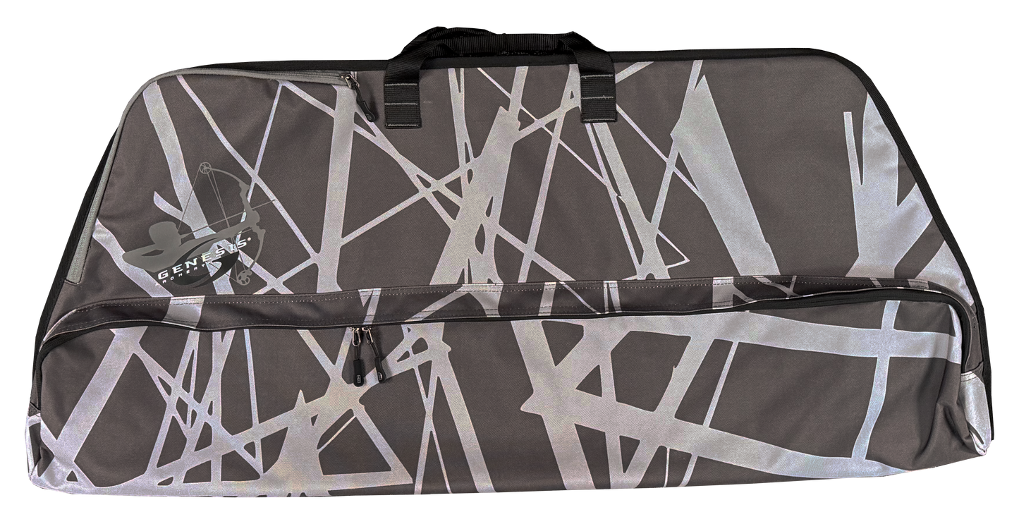 Grey NASP bow case designed for bows up to 40 inches featuring a dedicated bow compartment, separate arrow storage pocket, and exterior zippered pocket for archery accessories and travel protection.