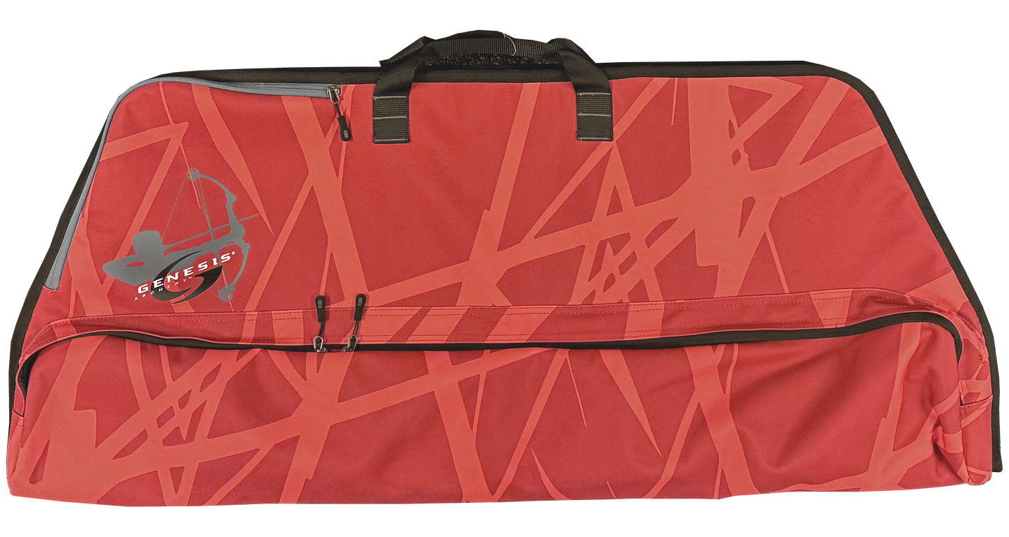 Red NASP bow case designed for bows up to 40 inches with main bow compartment, separate arrow pocket, and exterior zippered accessory pocket for organized archery gear storage and transport.