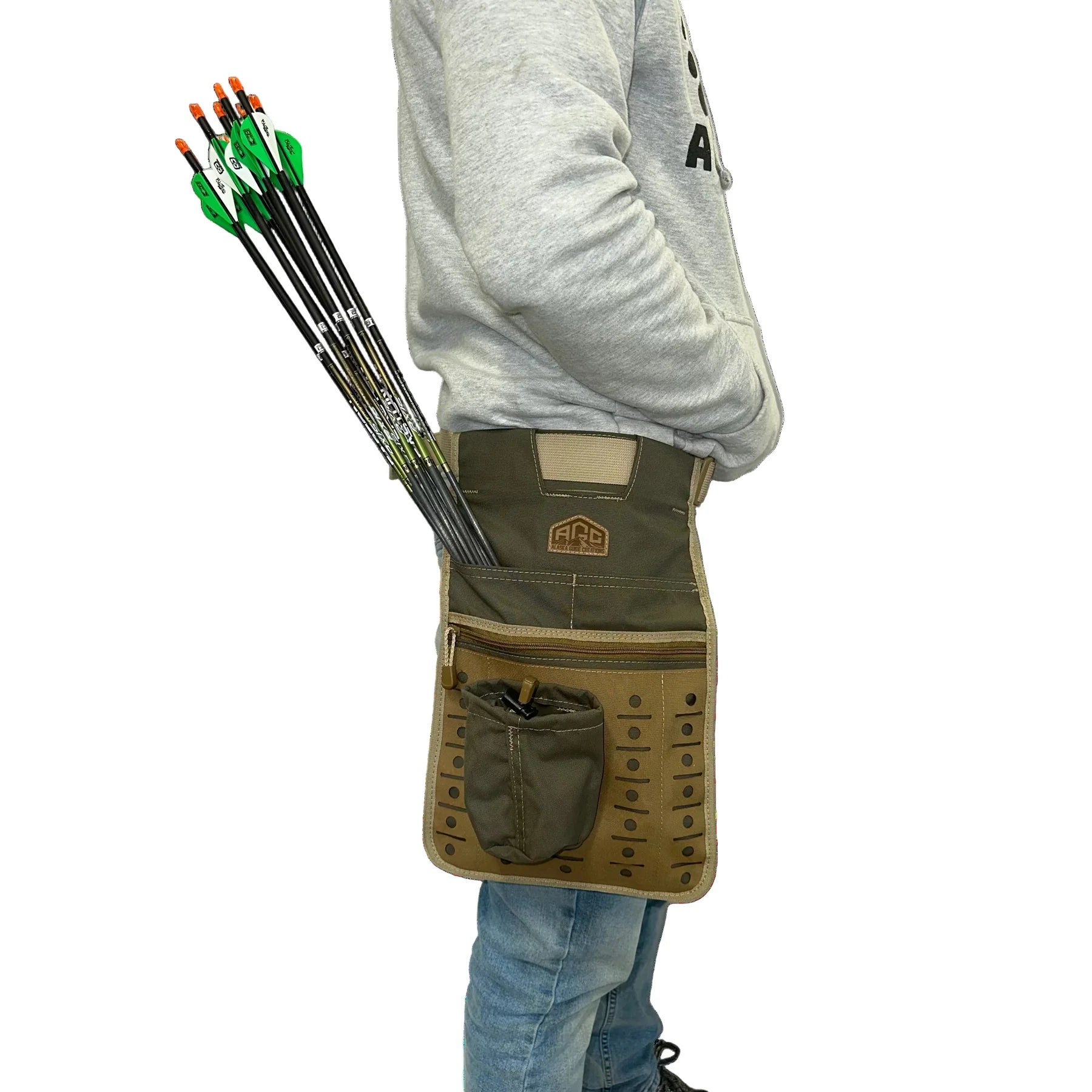 Alaska Guide Creations Field Quiver worn in the field, hip quiver with arrows for target shooting and range use