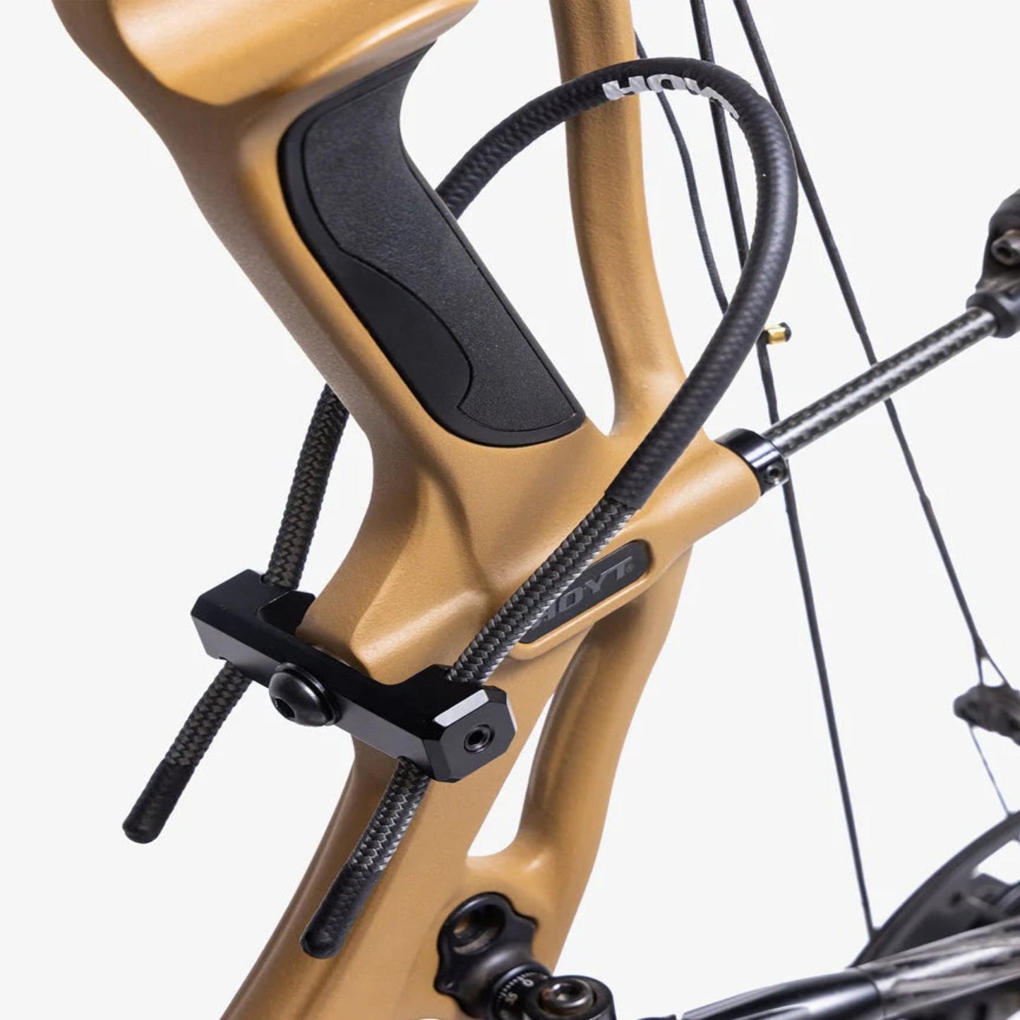 Hoyt wrist sling in black mounted to a Hoyt compound bow. 