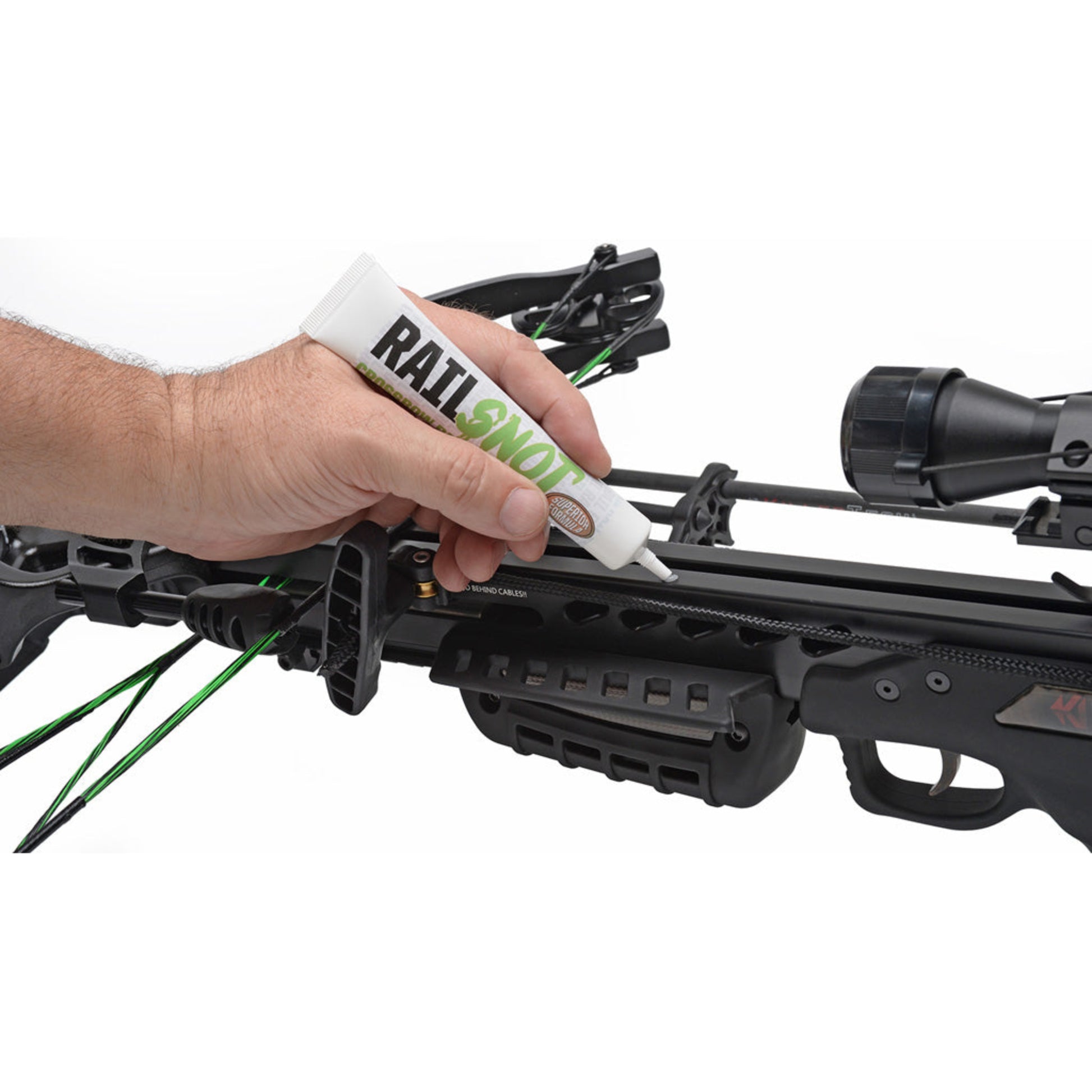Hand applying 30-06 Rail Snot lubricant to crossbow rail