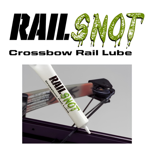 30-06 Rail Snot crossbow rail lubricant 1oz bottle resting on a crossbow