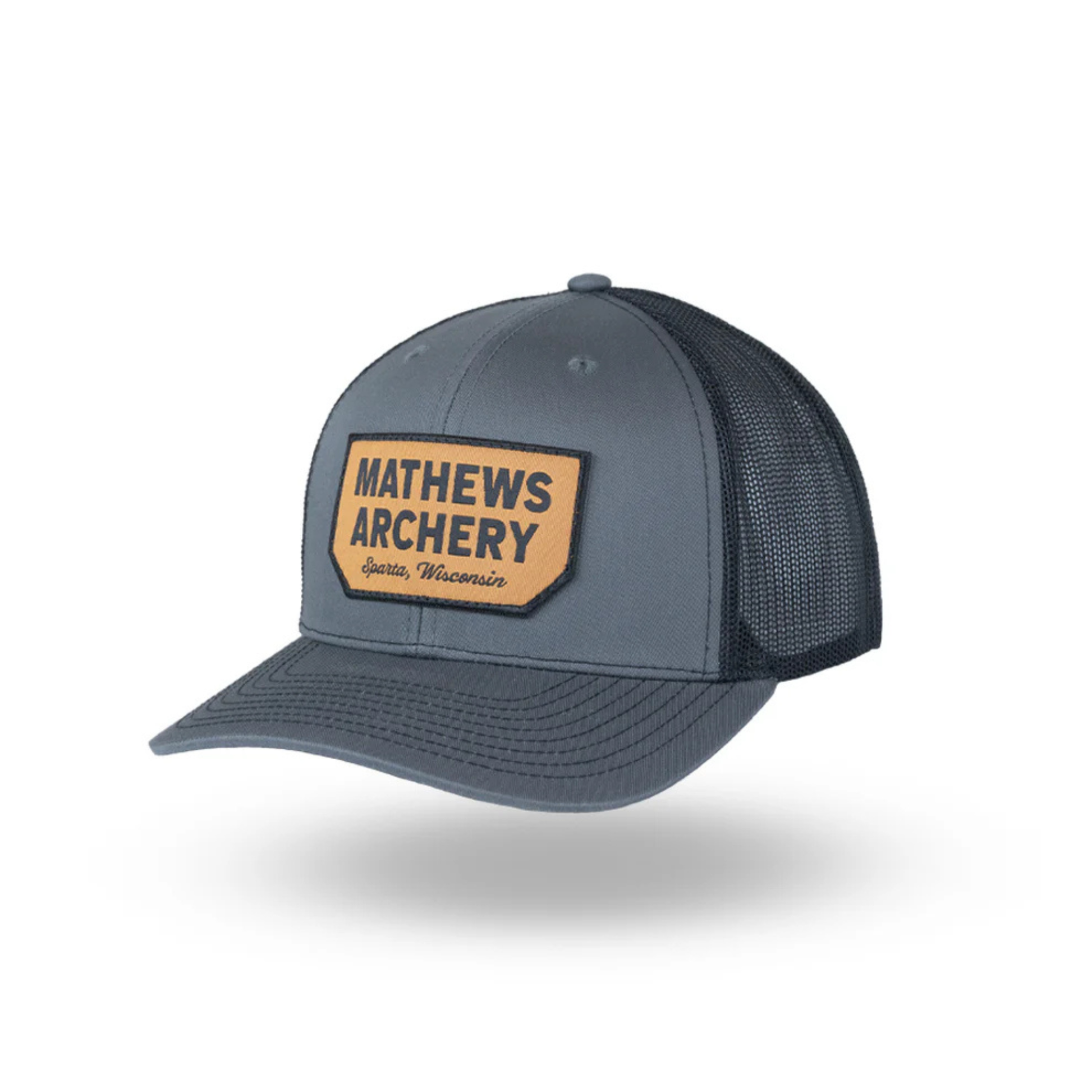 Charcoal and black Richardson 112 hat with Mathews Archery Sparta, Wisconsin patch on front. 