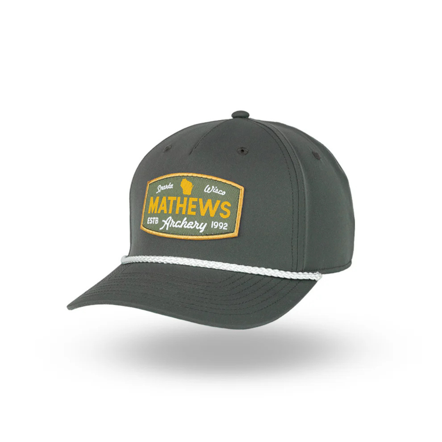 Mathews Wisco Rope hat in Olive and white color. Mathews archery patch on front featuring Sparta, Wisco. 