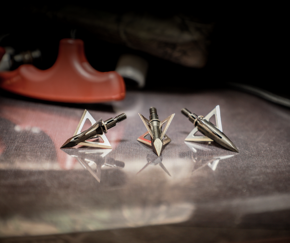 Slick Trick Crossbow Trick broadheads displayed on table showing 100gr 125gr and 150gr grain weight options for high-speed crossbow hunting