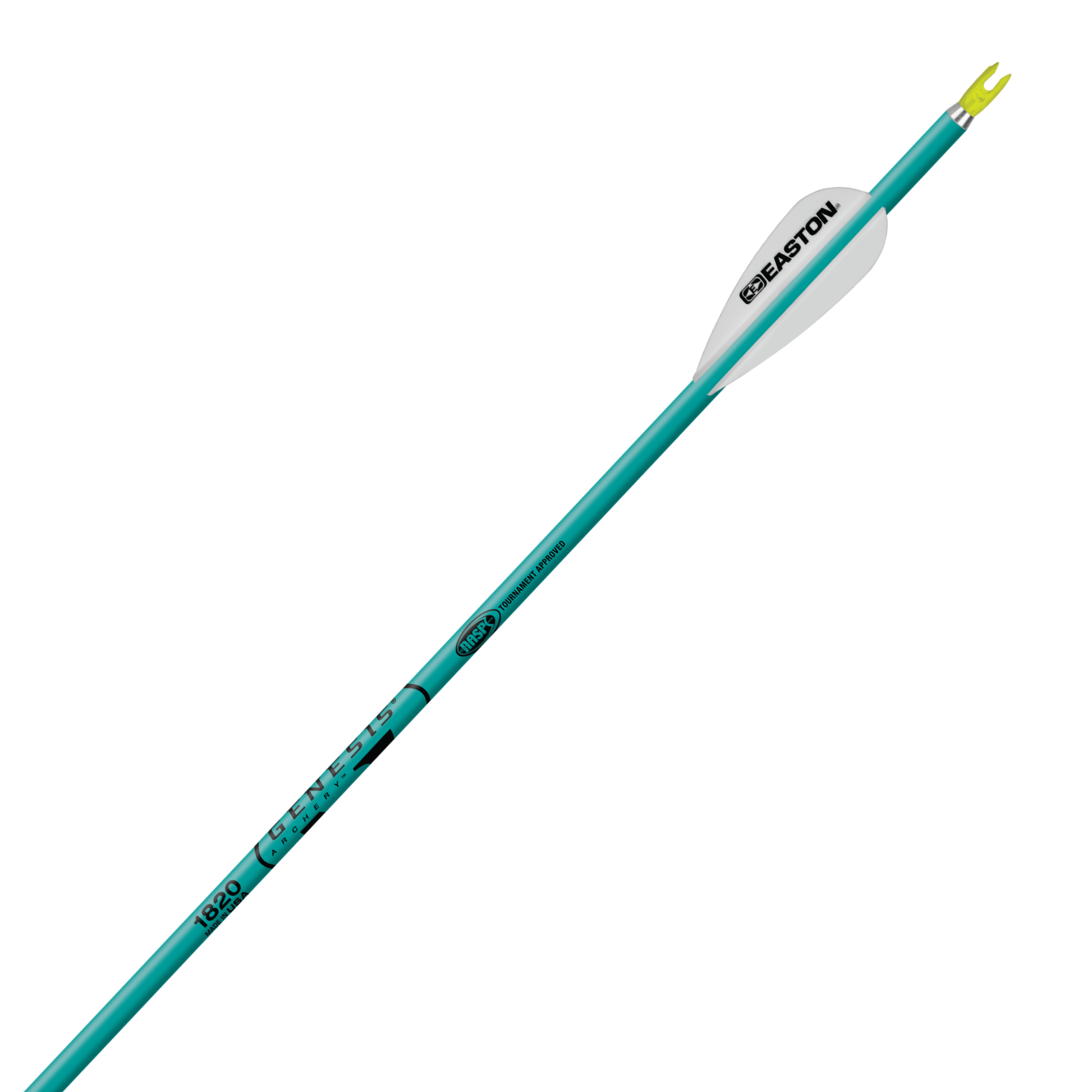 Easton Genesis 1820 Arrow in Teal – Single NASP-approved aluminum arrow with yellow nock and Easton vanes for Genesis Original Bow