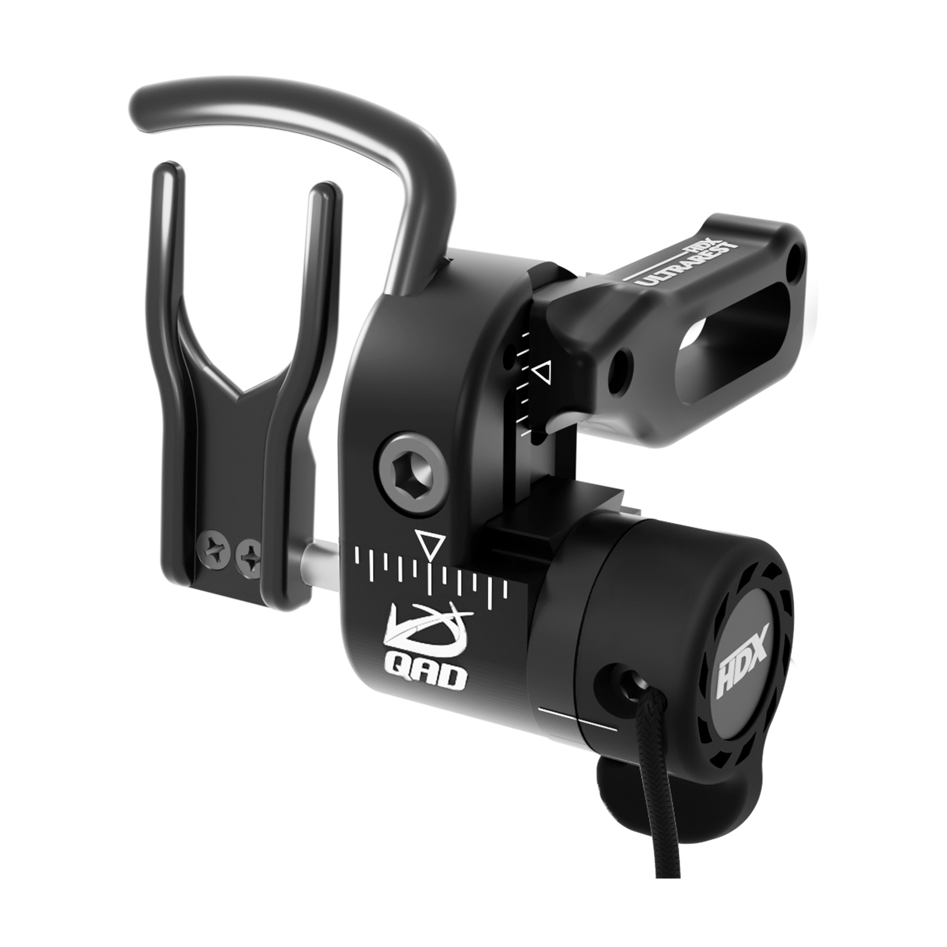 Black QAD ULTRAREST HDX Arrow Rest designed for total arrow containment with a curved capture bar and launcher arm.