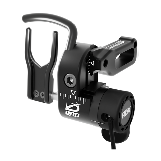 Black QAD ULTRAREST HDX Arrow Rest designed for total arrow containment with a curved capture bar and launcher arm.