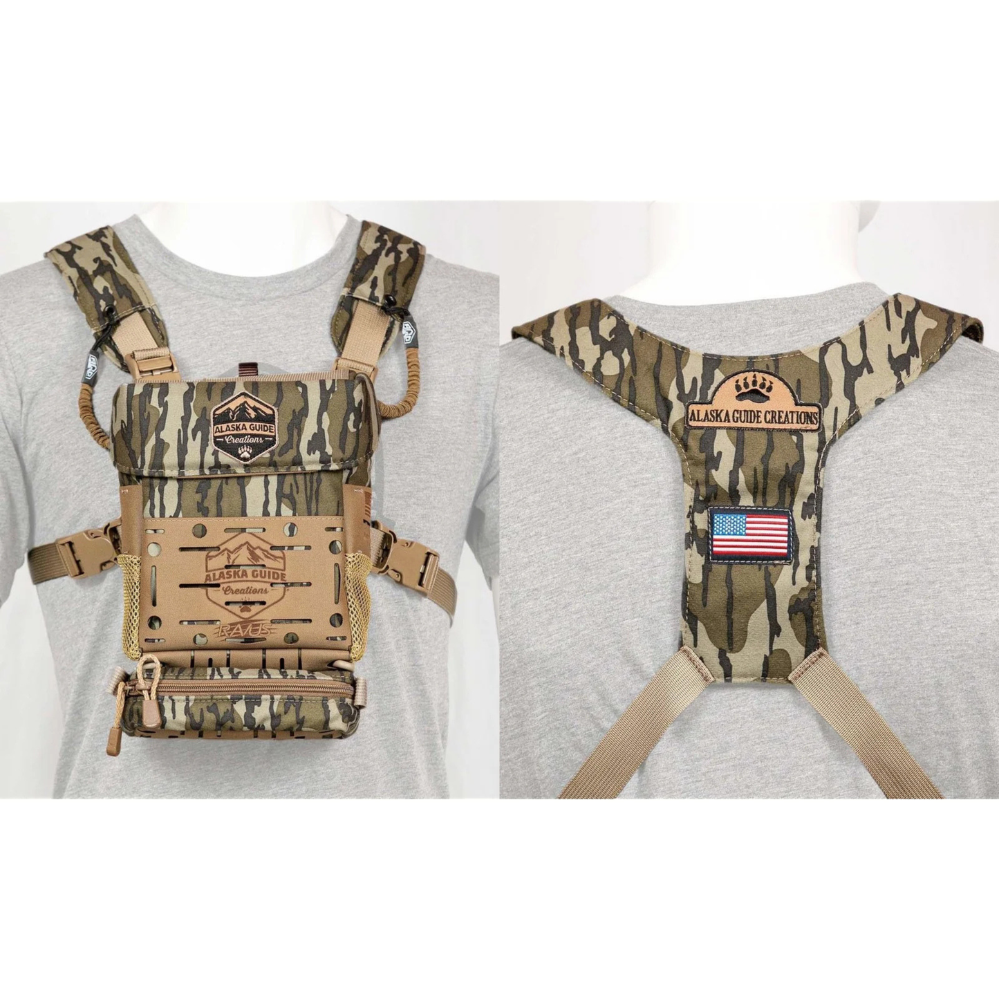 Alaska Guide Creations Mossy Oak Bottomland camo Bino Harness front view and back view for hunting and scouting in the backcountry. 