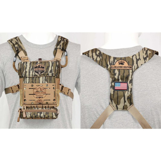 Alaska Guide Creations Mossy Oak Bottomland camo Bino Harness front view and back view for hunting and scouting in the backcountry. 