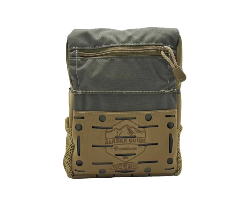 Alaska Guide Creations RAVUS FLEX Bino Pack showing mesh side pockets and front laser panel